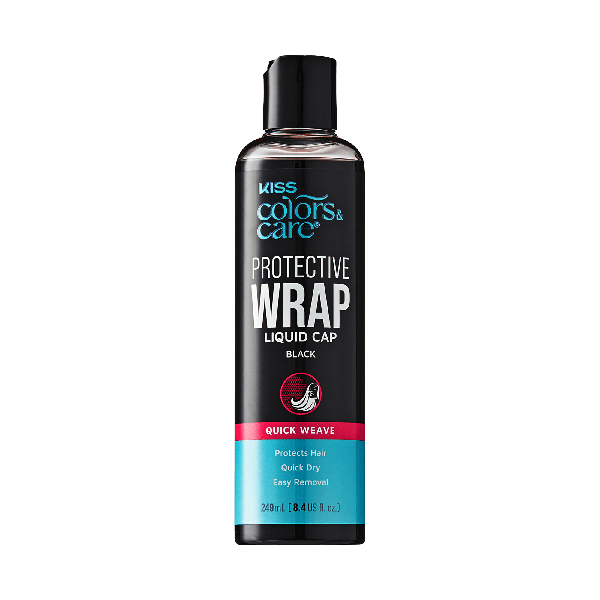Black bottle of KISS Colors &amp; Care Protective Wrap Liquid Cap with a black flip-top cap, labeled for quick weave; protects hair, quick dry, easy removal.