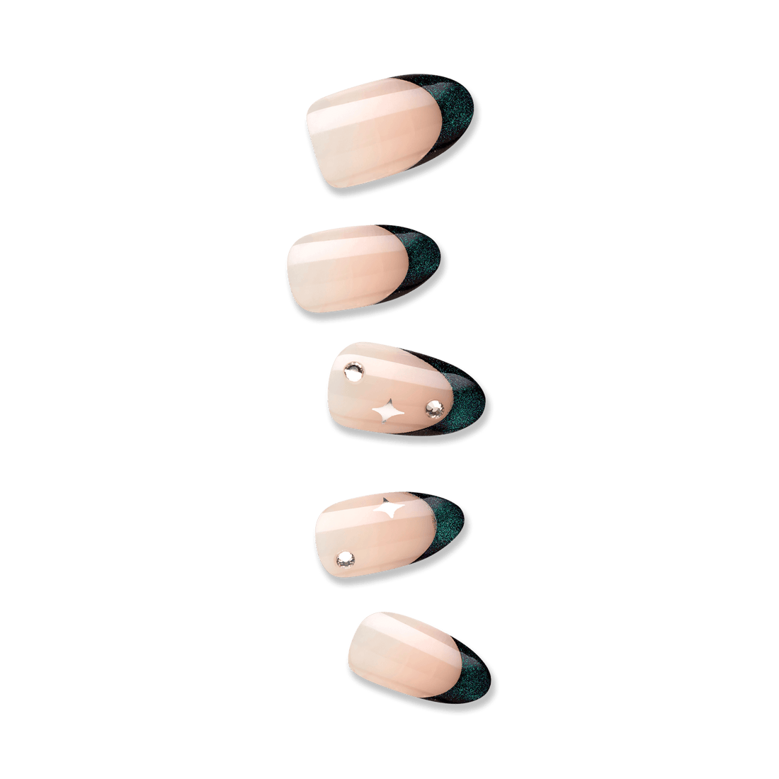 Five press-on nails in a light nude shade with glossy dark teal tips, two nails decorated with small rhinestones and white star accents.