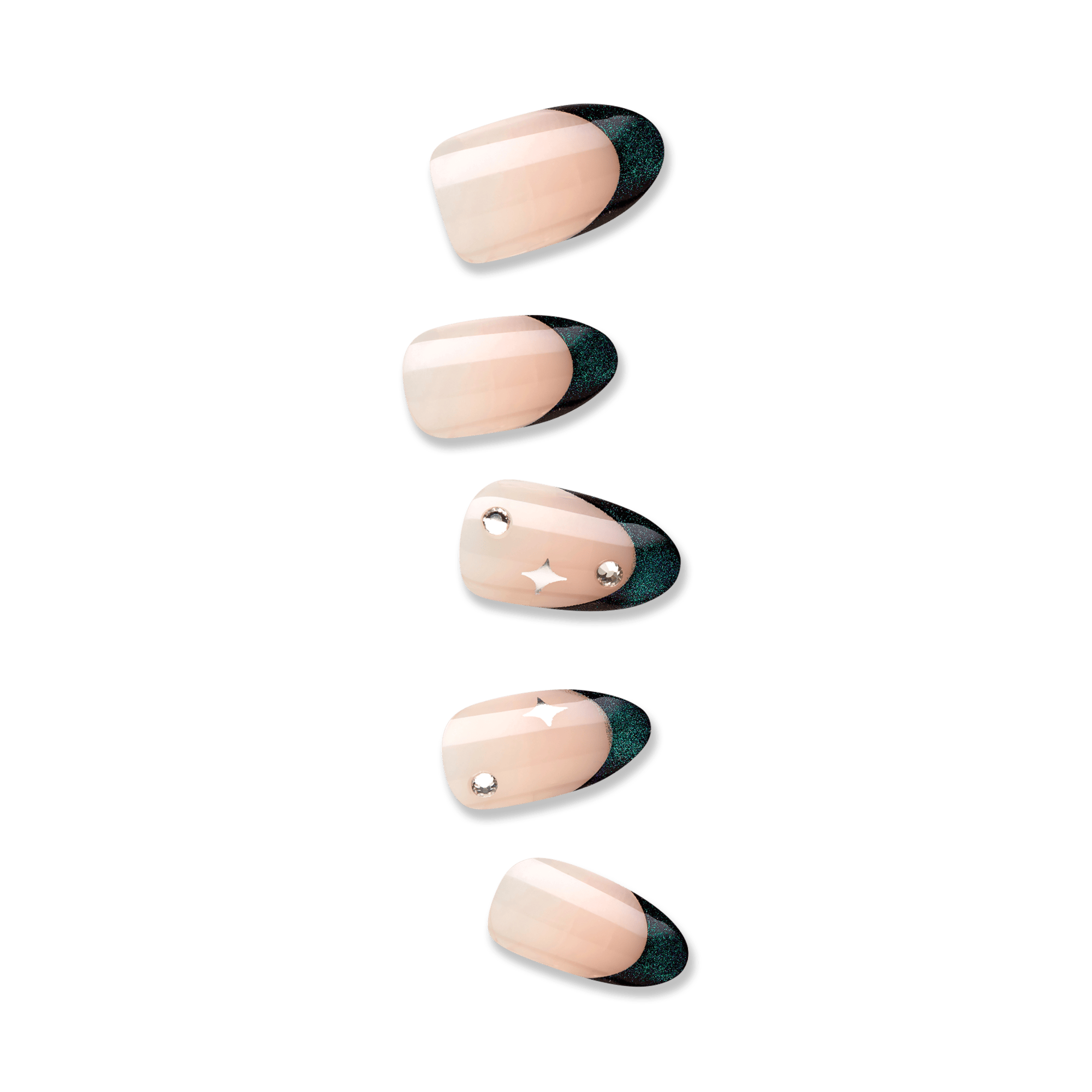 Five press-on nails in a light nude shade with glossy dark teal tips, two nails decorated with small rhinestones and white star accents.