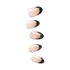 Five press-on nails in a light nude shade with glossy dark teal tips, two nails decorated with small rhinestones and white star accents.