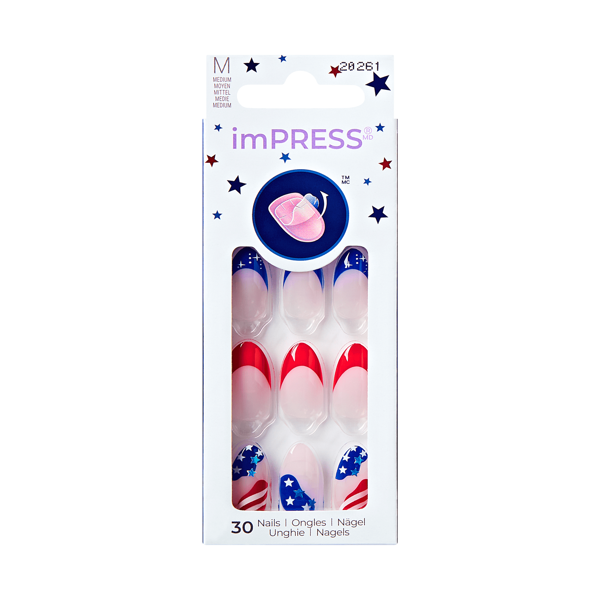 The image features a package of imPRESS press-on nails. The box contains 30 nails in various designs, primarily showcasing a patriotic theme. Some nails are painted in red and blue, while others feature a design with stars and stripes, reminiscent of the American flag. The packaging is colorful, with a clear front that displays the nails inside, and it includes a small graphic of a pink nail polish bottle. The overall design is eye-catching and festive, suitable for celebrations or themed events.