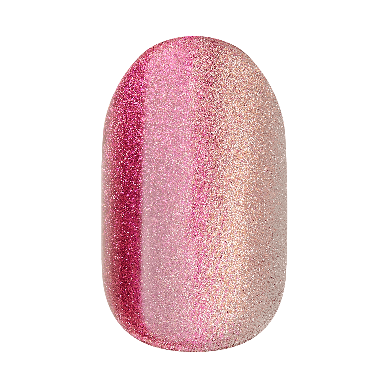 The image shows a single artificial nail with a gradient design. The nail features a smooth transition of colors from a deep, glittery pink on the left side to a lighter, shimmery beige on the right side. The entire surface of the nail is covered in fine glitter, giving it a sparkly and glossy appearance. The gradient effect creates a visually appealing and elegant look.