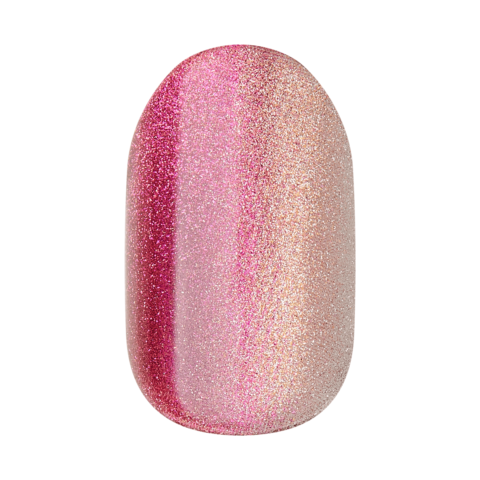 The image shows a single artificial nail with a gradient design. The nail features a smooth transition of colors from a deep, glittery pink on the left side to a lighter, shimmery beige on the right side. The entire surface of the nail is covered in fine glitter, giving it a sparkly and glossy appearance. The gradient effect creates a visually appealing and elegant look.