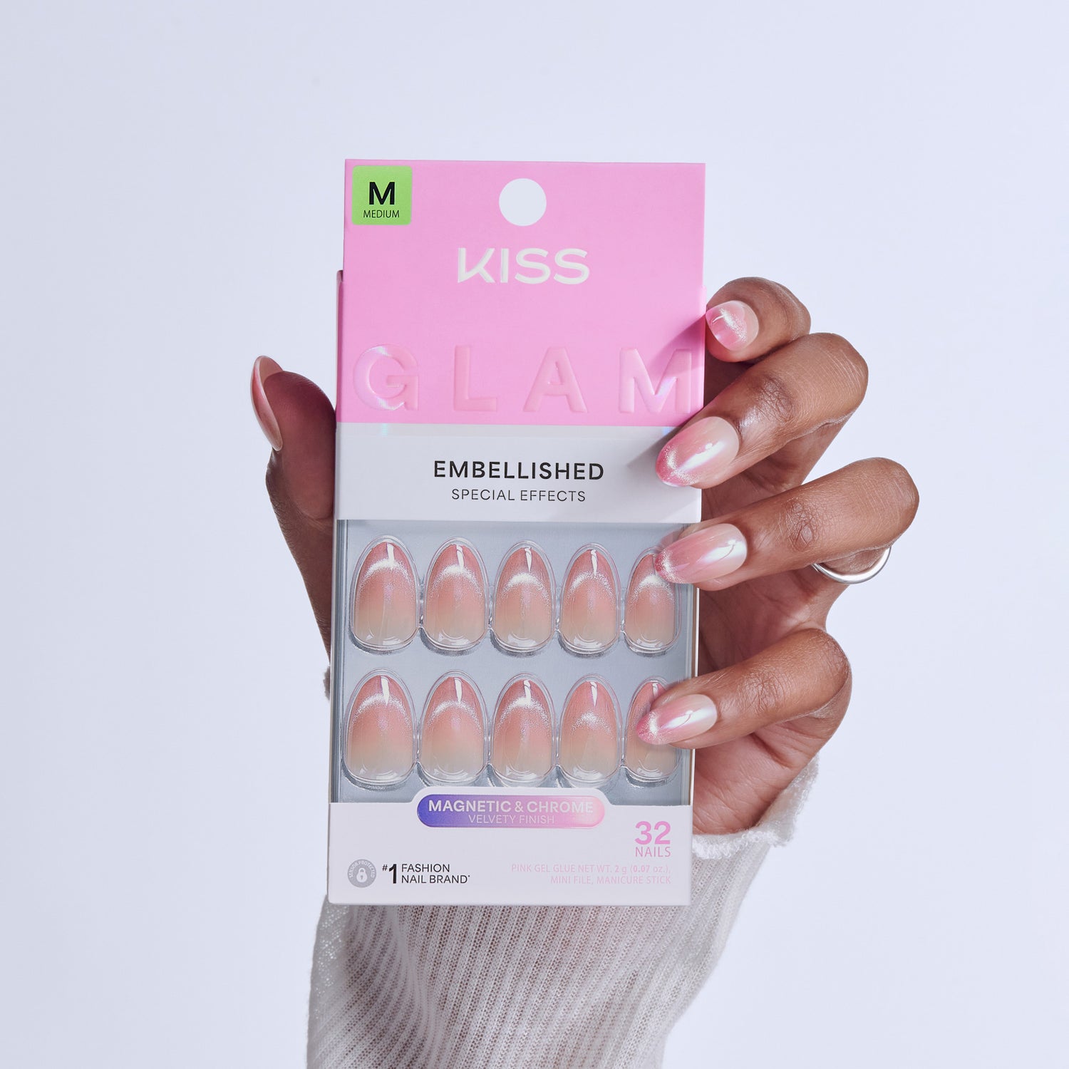 Kiss Glam Embellished fake nails in Medium size with magnetic chrome effect displayed on hand
