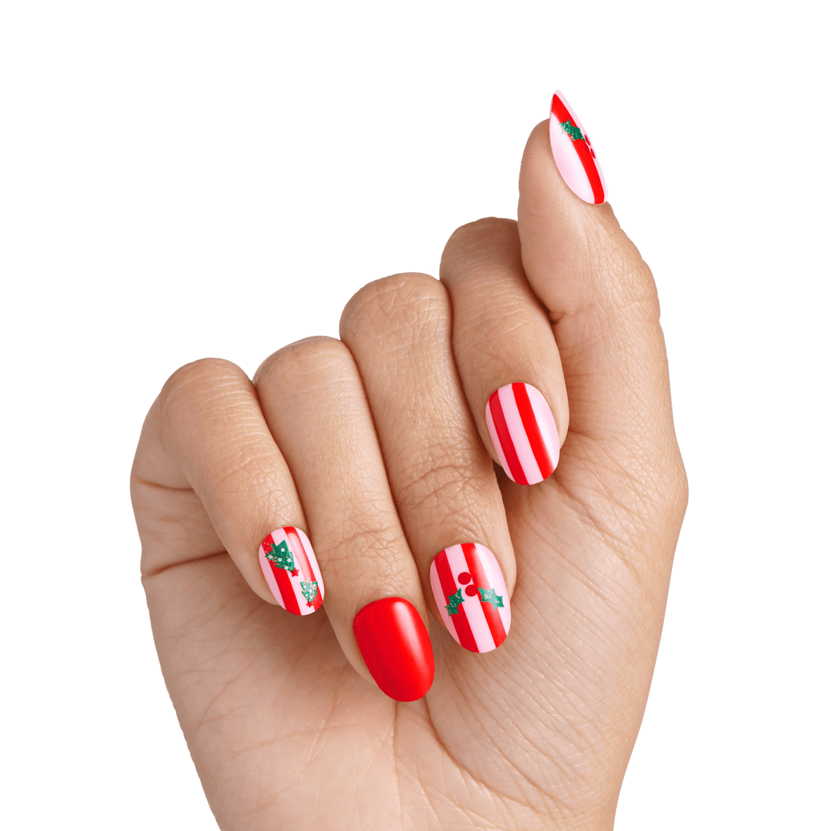 Impress Design Holiday No Glue Fake Press On Nails - Spark | Design, Red, Short, Oval, Manicure