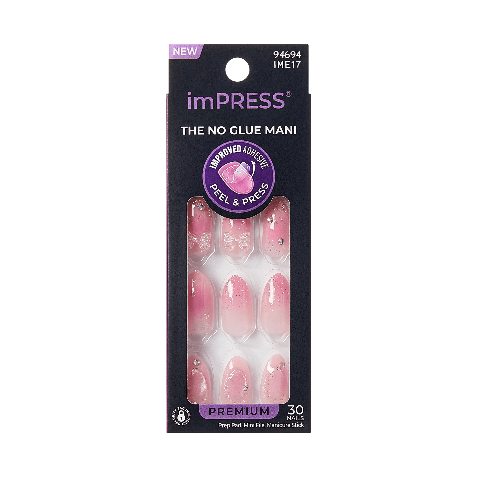 imPRESS Press-On Nails in pink with bow design, peel and press adhesive application.
