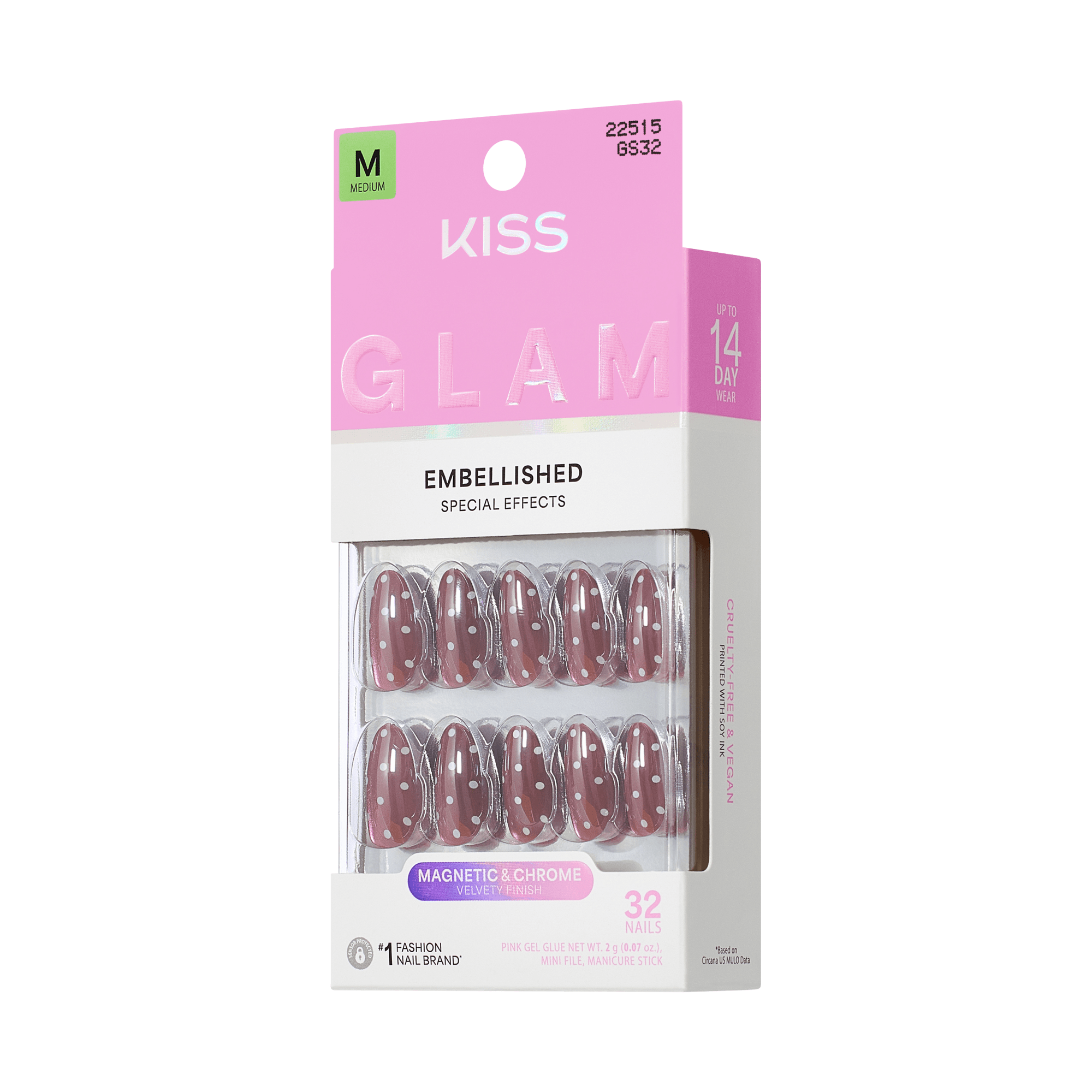 Kiss Glam Embellished Press On Fake Glue Nails - Velvet Noir | 3D &amp; Jewel Design, Pink, Medium, Almond