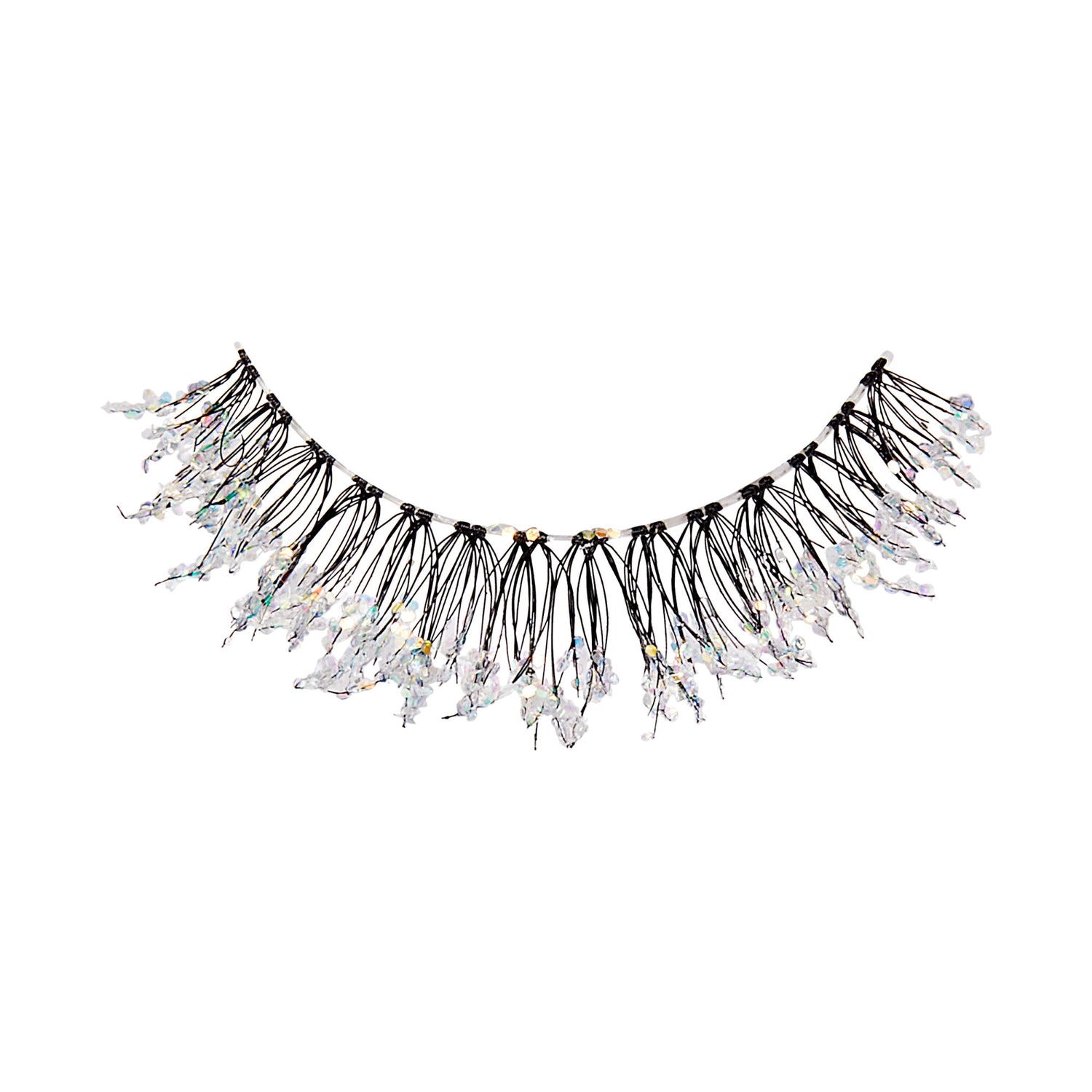 Dramatic false eyelashes with black bands and iridescent glitter accents.