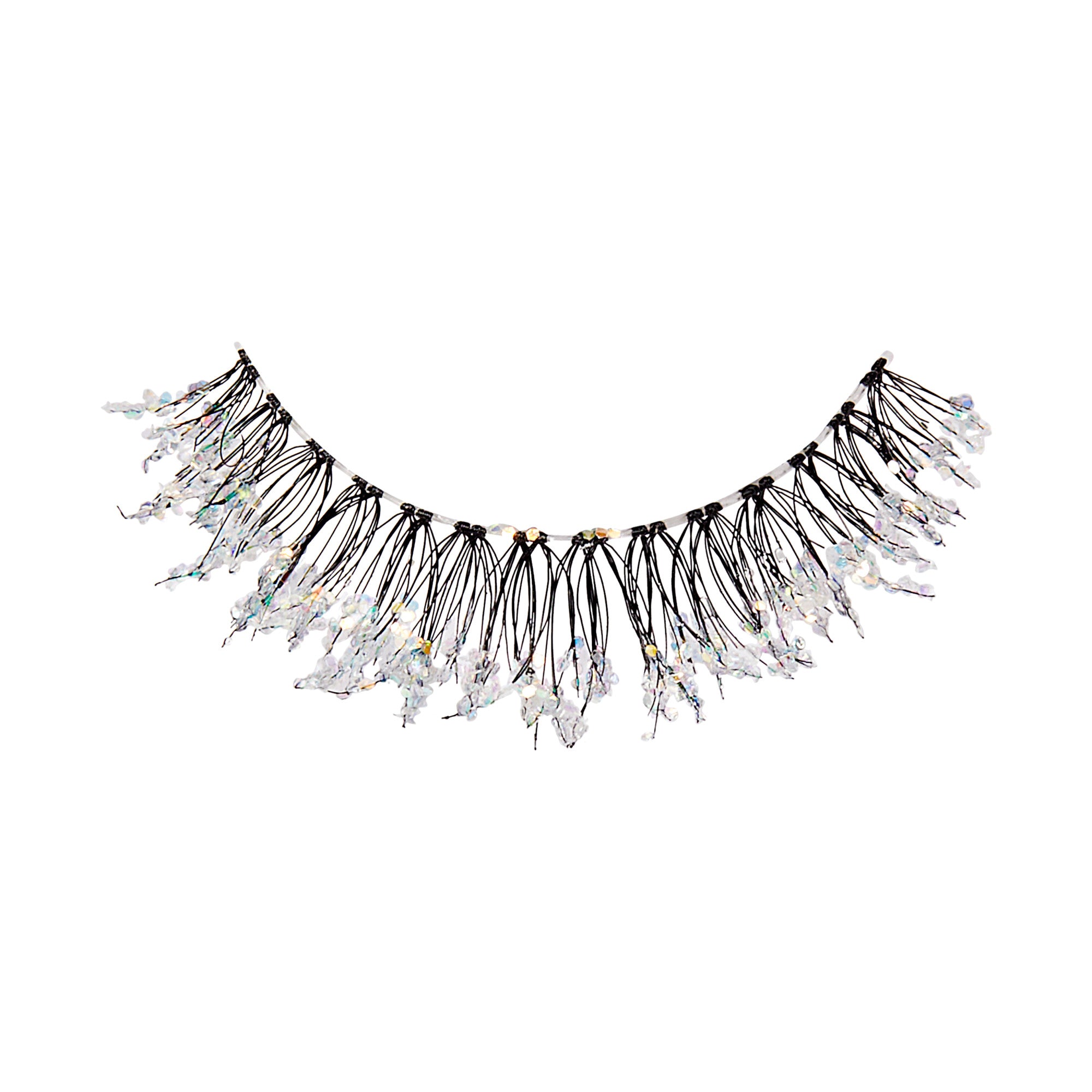 Dramatic false eyelashes with black bands and iridescent glitter accents.