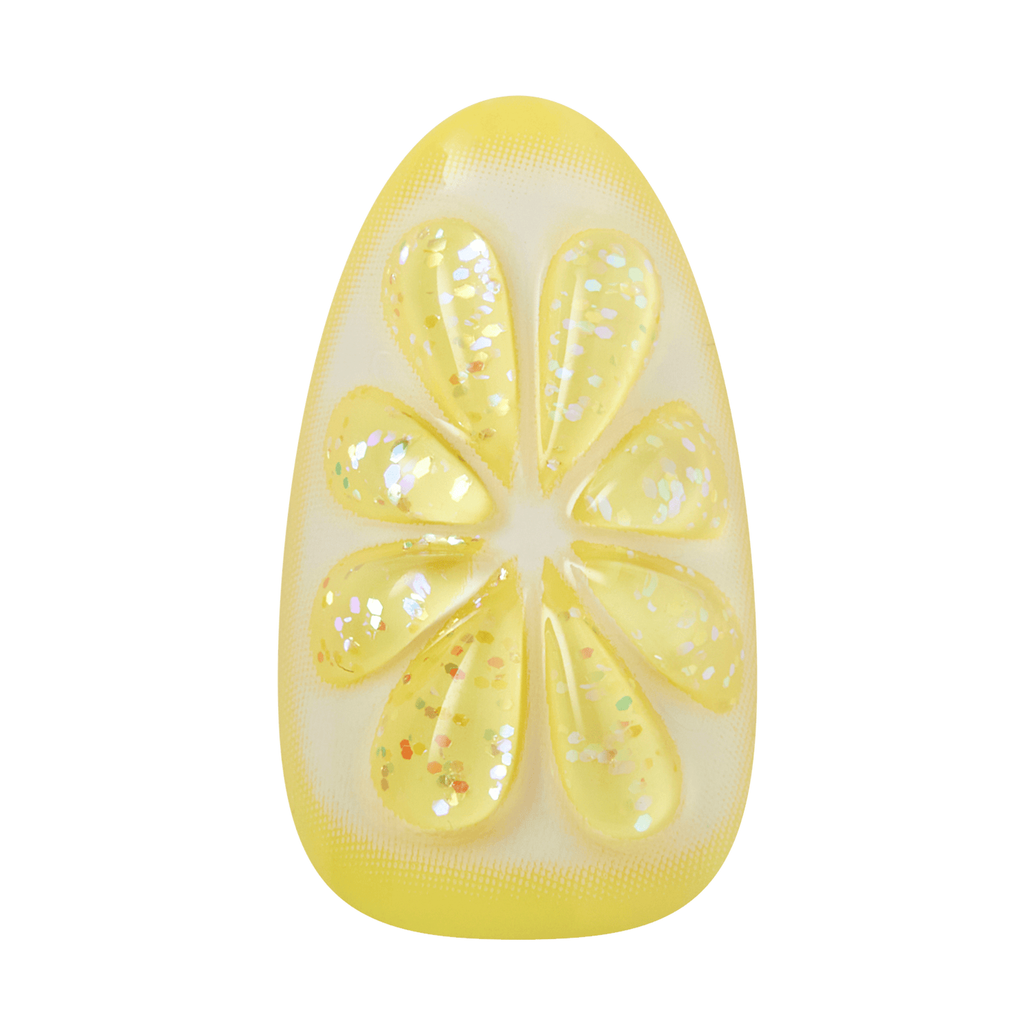 Yellow lemon-shaped decorative object with glitter and sparkle details
