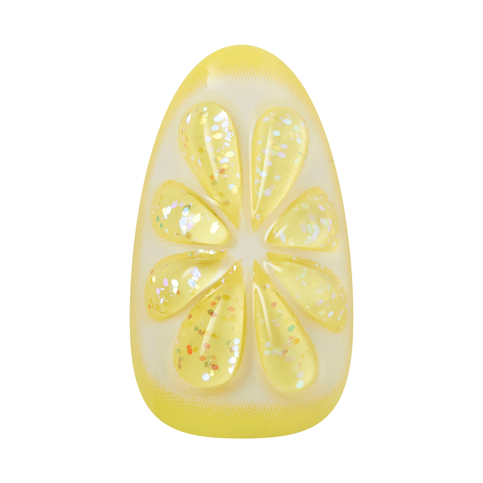 Yellow lemon-shaped decorative object with glitter and sparkle details