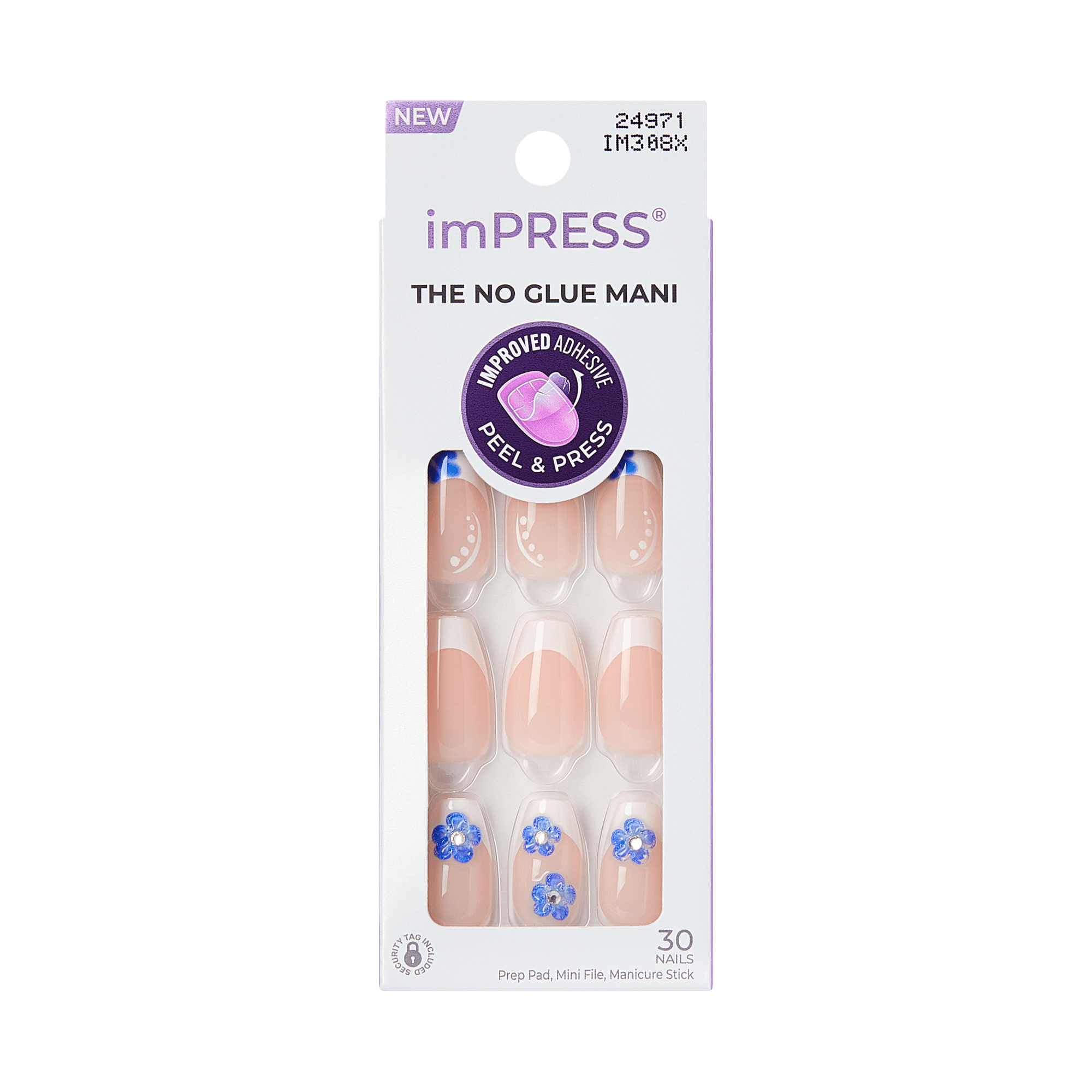 imPRESS The No Glue Mani press-on nails packaging, 30 nails, nude nails with blue floral accents, Peel &amp; Press improved adhesive, transparent background
