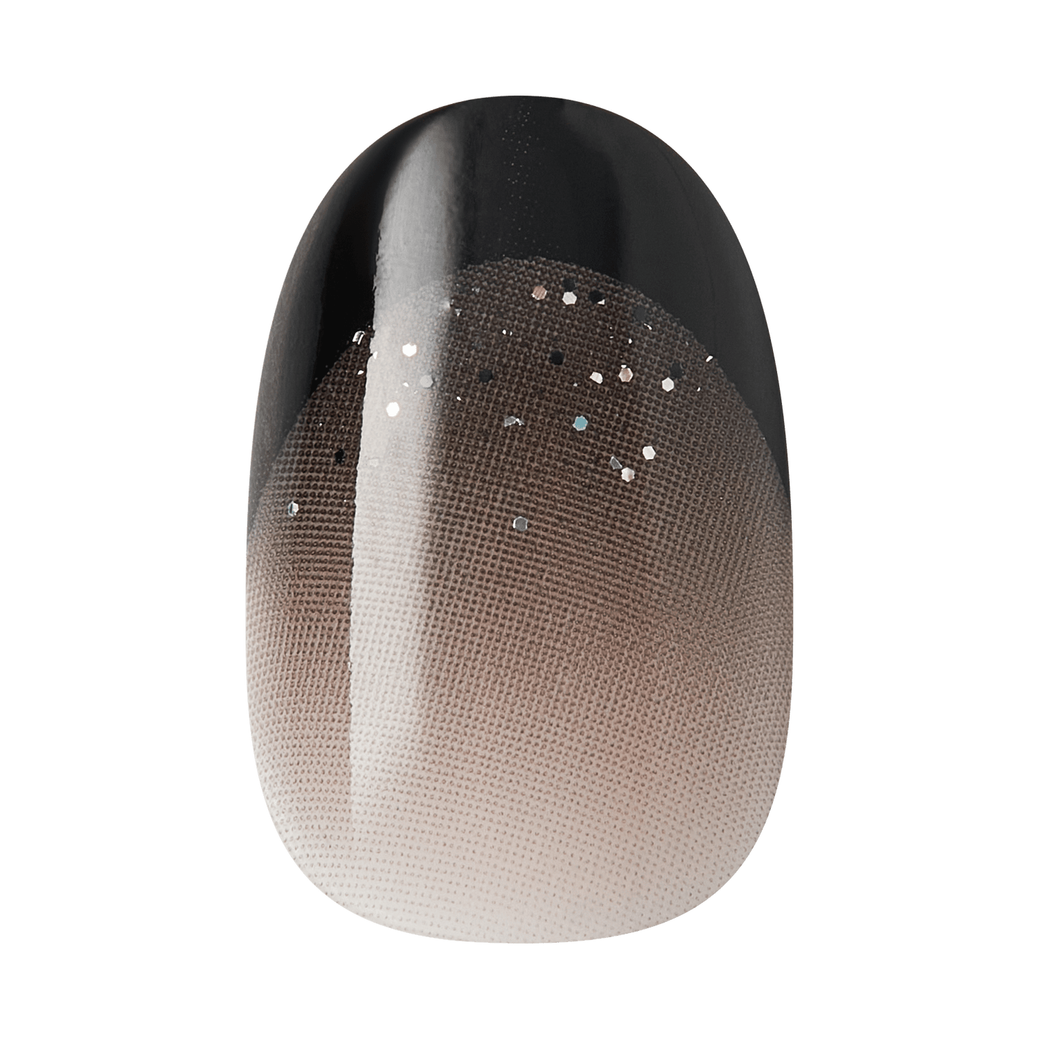 Ombre nail polish swatch transitioning from black to nude with rhinestone embellishments.