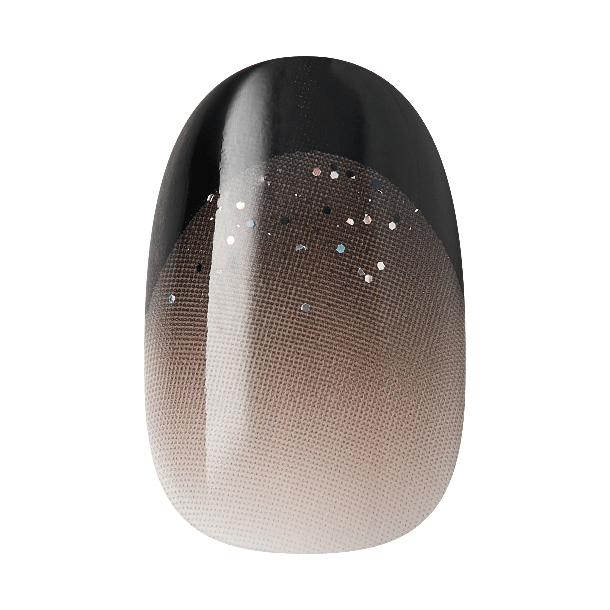 Ombre nail polish swatch transitioning from black to nude with rhinestone embellishments.