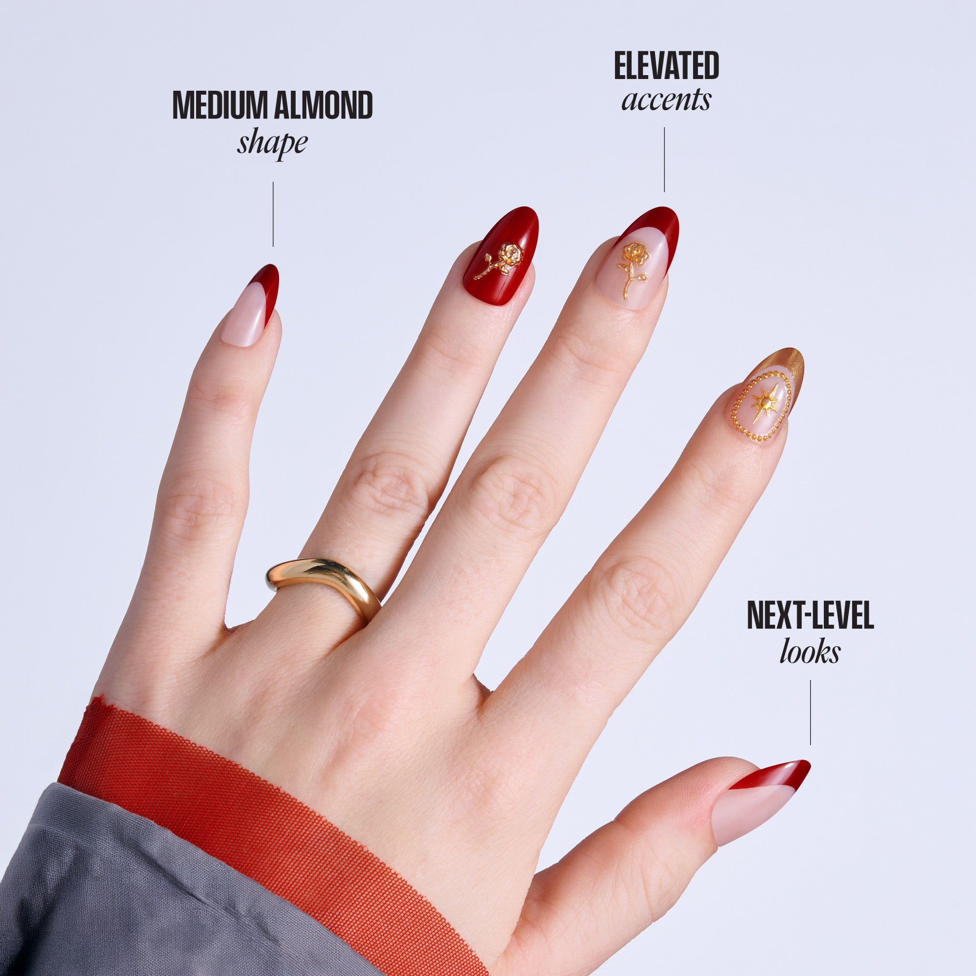 Kiss Glam 3D &amp; Jeweled Press On Fake Glue Nails - Weekend | 3D &amp; Jewel Design, Red, Medium, Almond