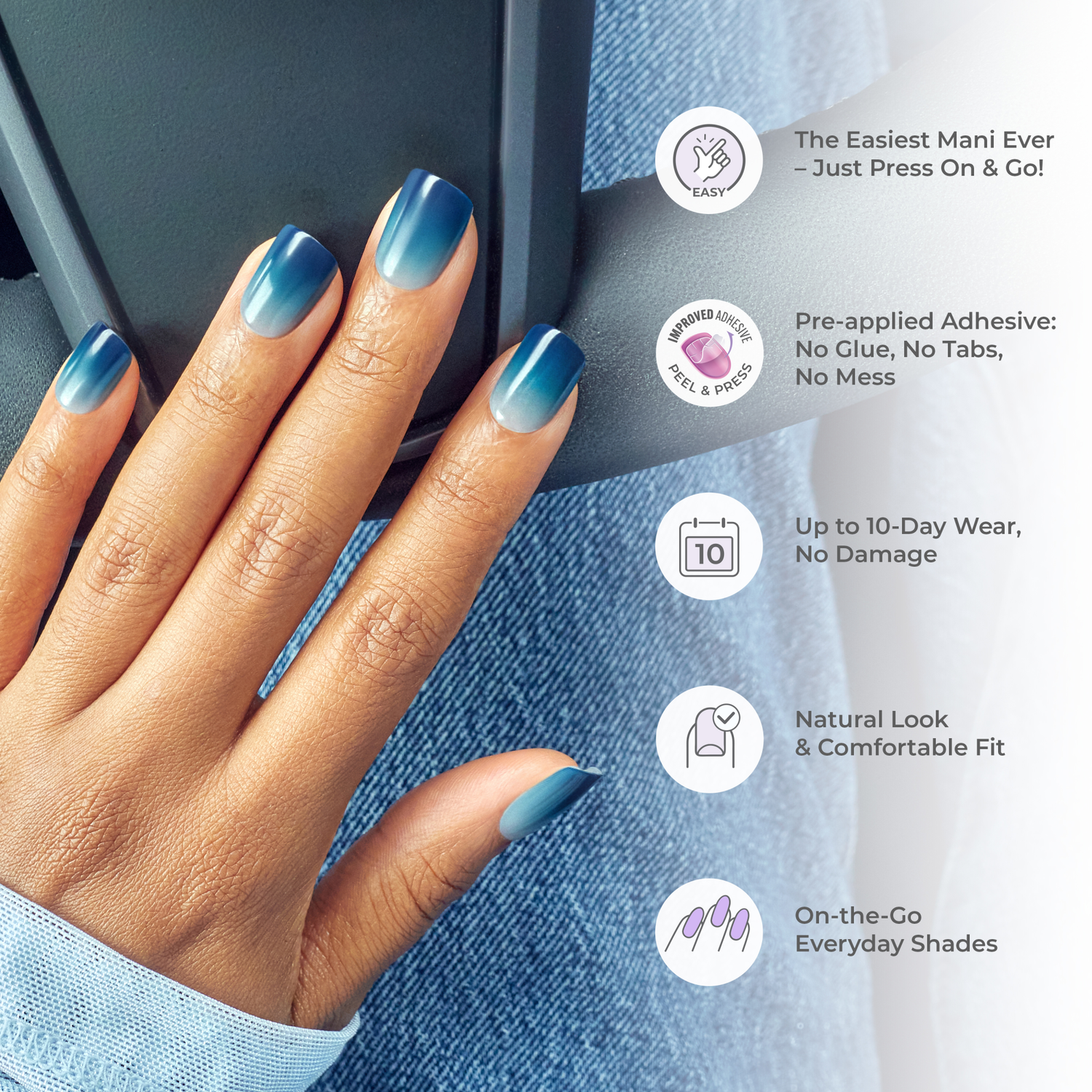 Impress Color No Glue Fake Press On Nails - Frostel | Solid, Blue, Short, Squoval, Manicure