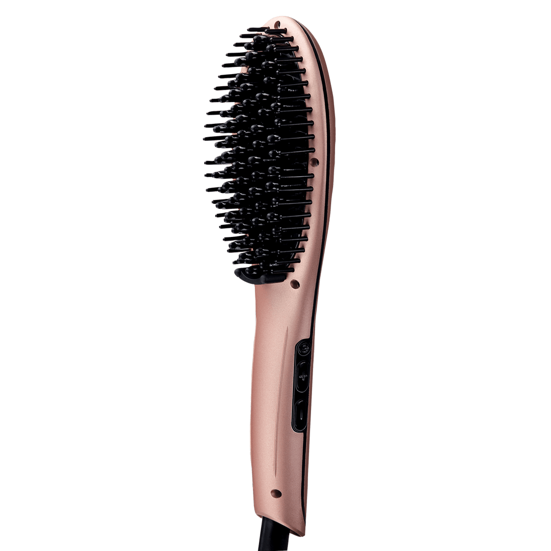 Rose gold heat straightening brush with black bristles and a handle featuring power and temperature control buttons.