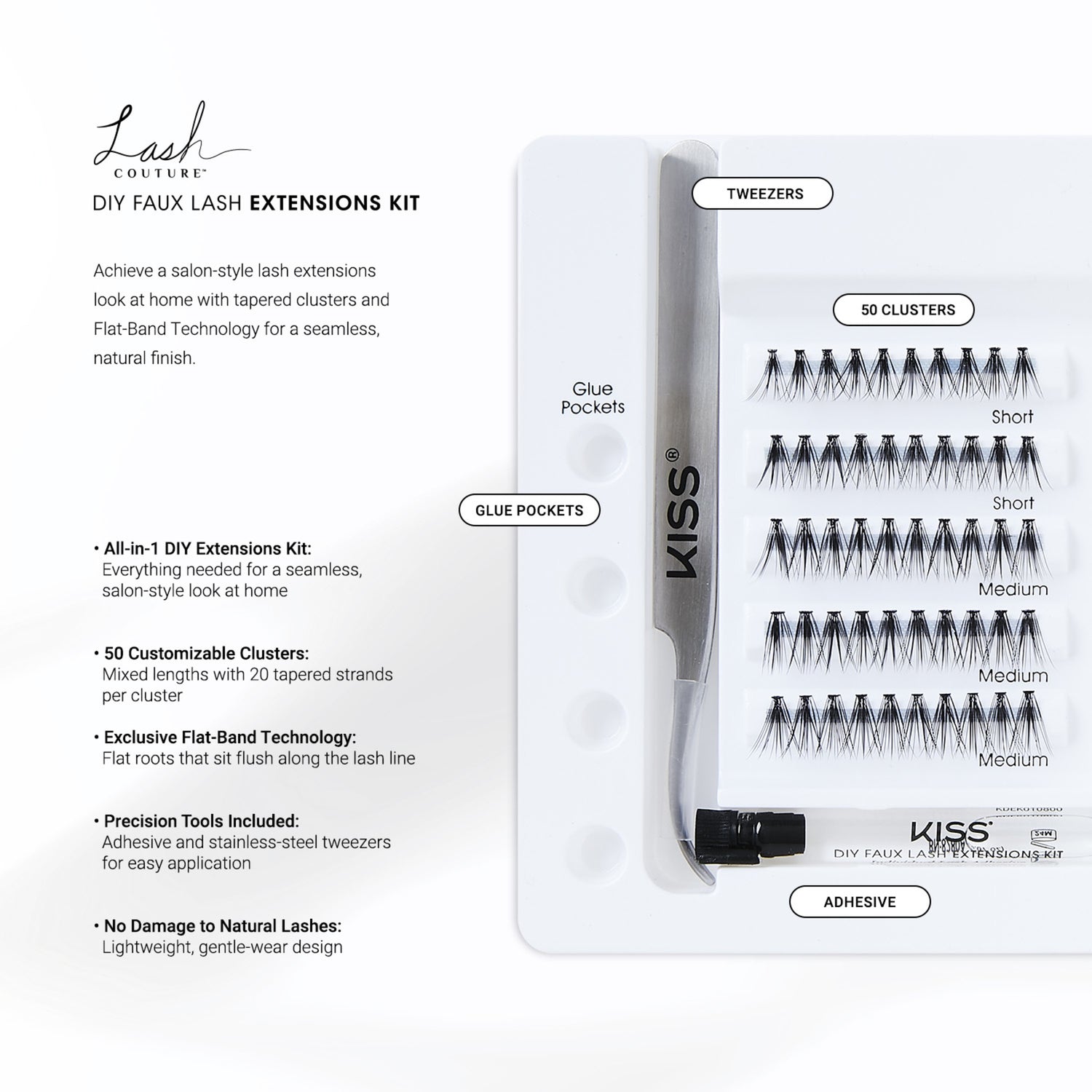 Lash Couture DIY Faux Lash Extensions Kit with 50 mixed-length lash clusters, stainless steel tweezers, glue adhesive, and glue pockets for easy application.