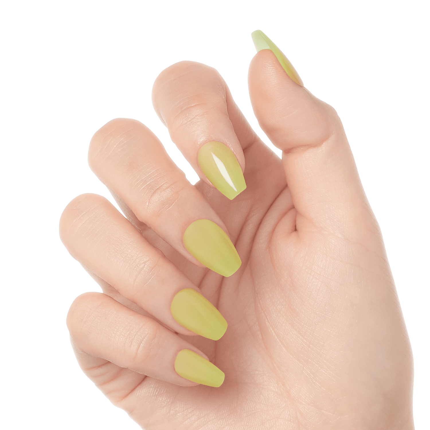 Hand with medium-length, matte pale yellow press-on gel nails shaped in a rounded square, shown against a white background.