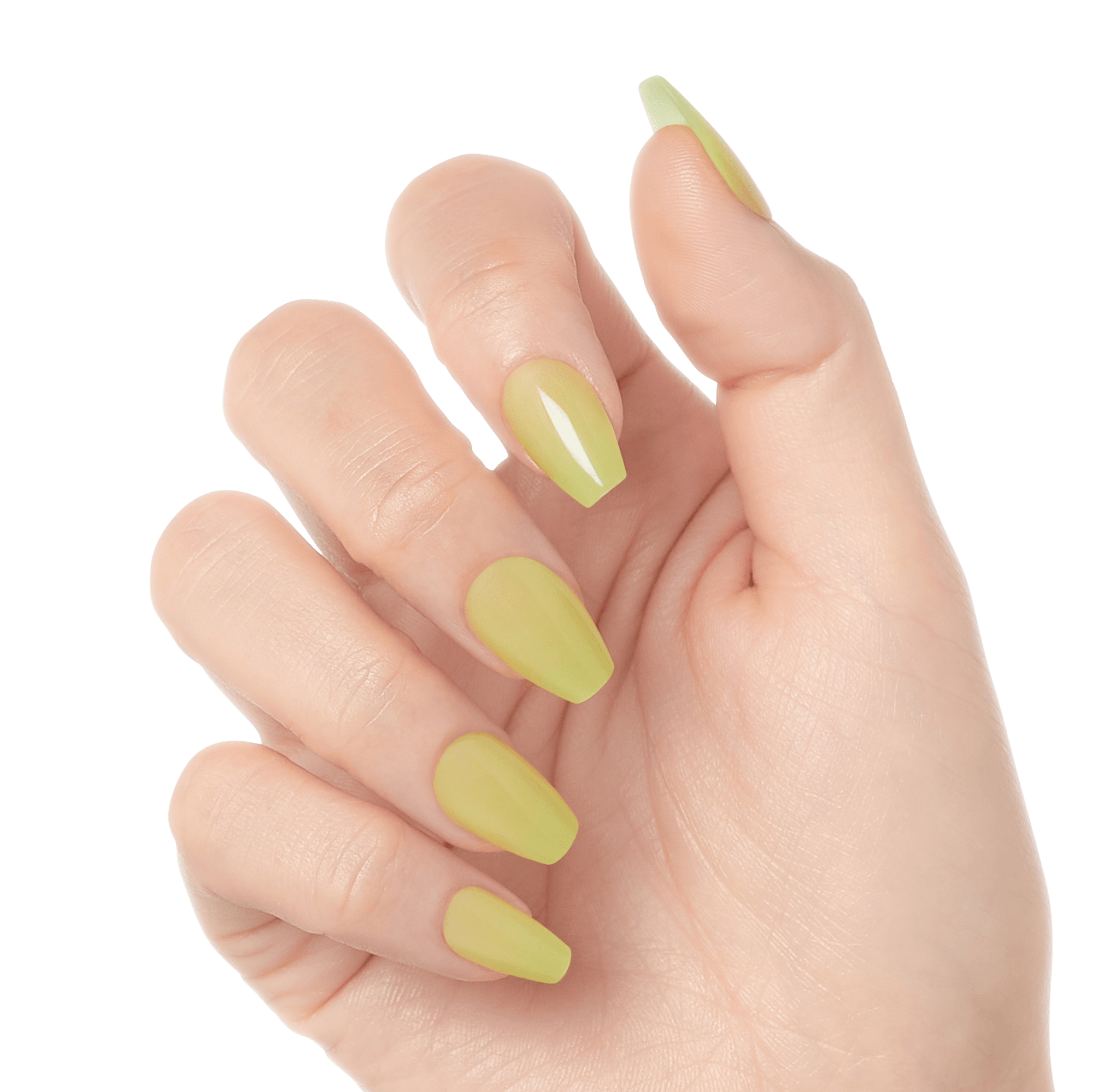 Hand with medium-length, matte pale yellow press-on gel nails shaped in a rounded square, shown against a white background.