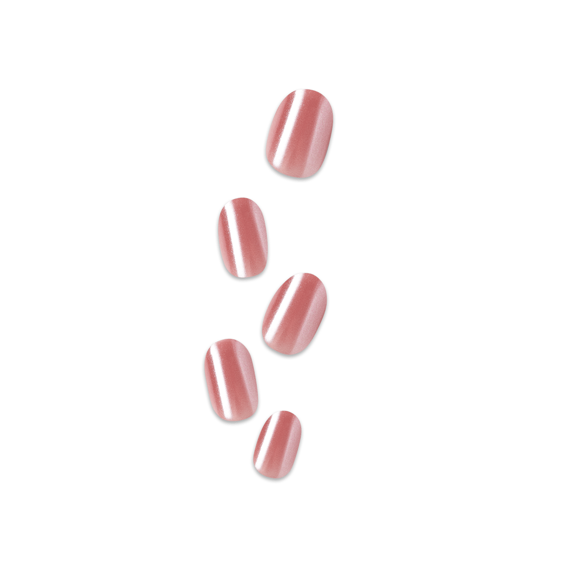 Five oval press-on nails with rose pink finish and white chrome stripe accent.