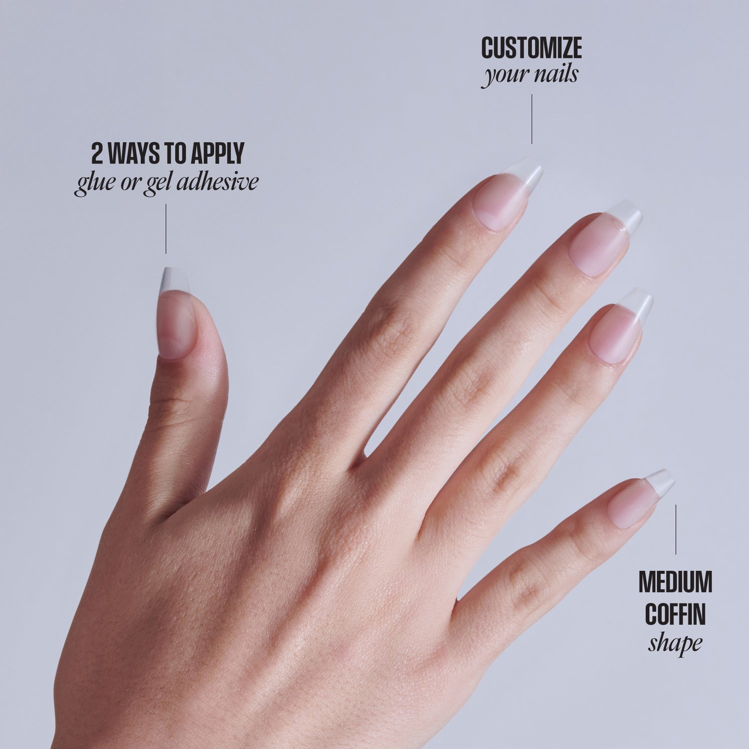 Coffin-shaped press-on nails with pink and white ombre design, customizable with glue or gel adhesive.