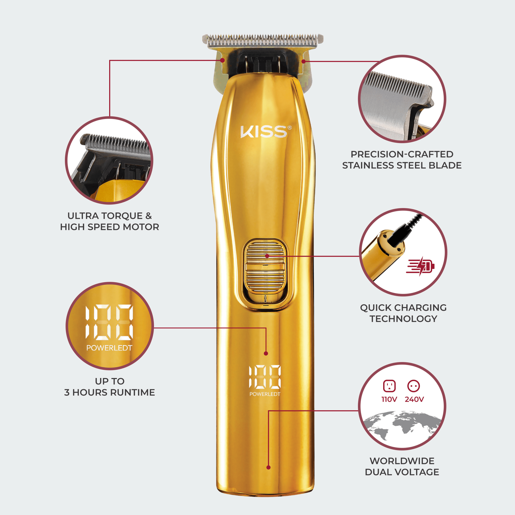 Gold cordless KISS T-blade beard and hair trimmer with precision stainless steel blade, ultra torque motor, LED power display, quick charging, and dual voltage.