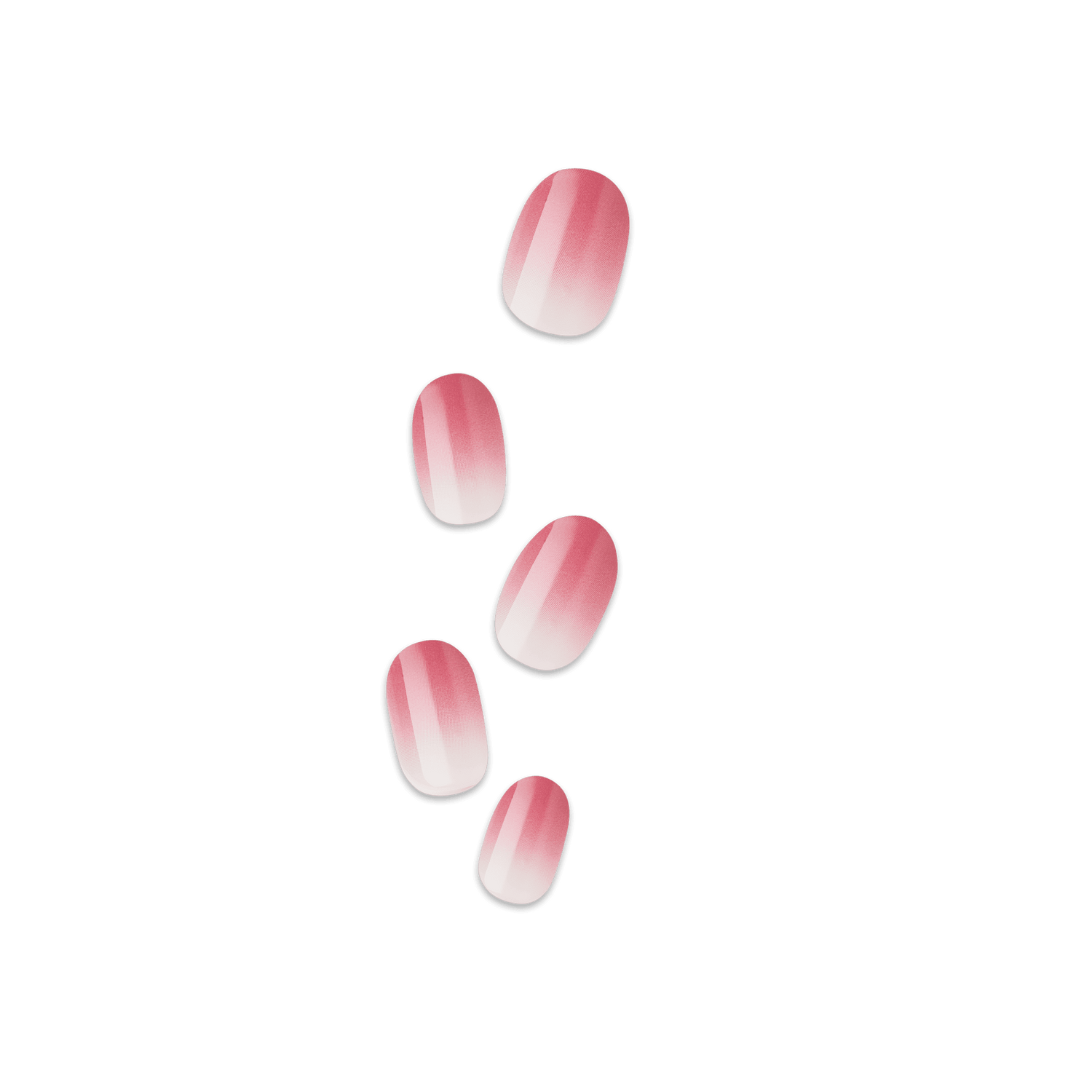 Set of five press-on nails with a smooth gradient from deep pink at the top to light pink at the base, shown against a transparent background.
