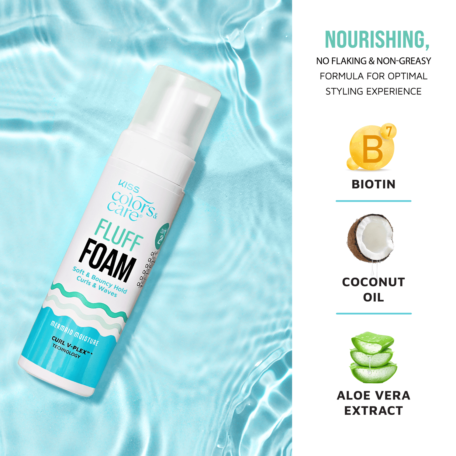 Kiss Colors &amp; Care Fluff Foam with Biotin, Coconut Oil, and Aloe Vera Extract on blue water background.
