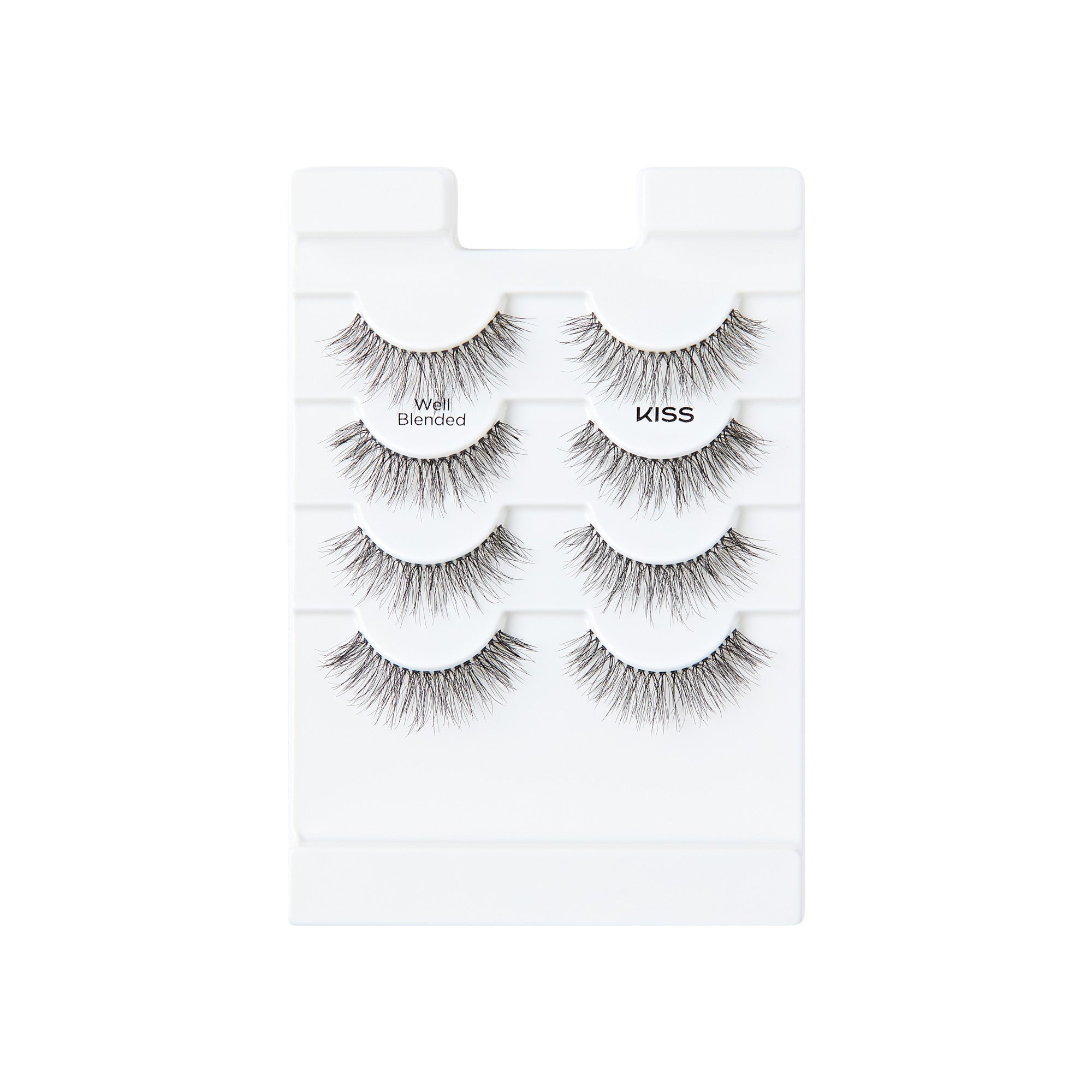 The image shows a white plastic tray containing four pairs of false eyelashes. The eyelashes are arranged in two columns, with two pairs in each column. The pairs on the left are labeled "Wispy Blended," and the pairs on the right are labeled "KISS." The eyelashes are long and have a natural, wispy appearance, designed to enhance the volume and length of natural lashes. The tray has a notch at the top for easy handling.