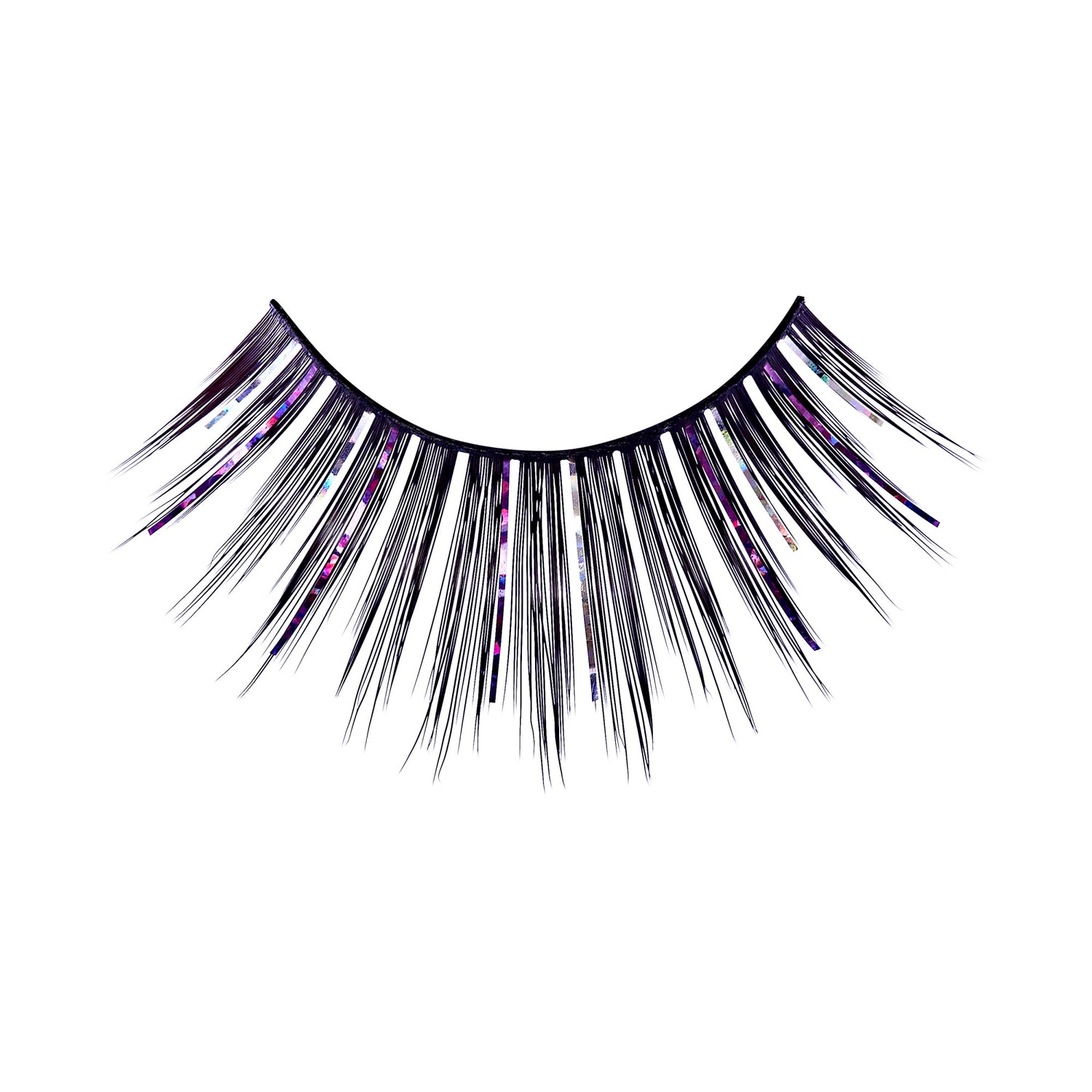 The image shows a single false eyelash. The eyelash is designed with a black base and features long, wispy strands. Some of the strands have a shiny, iridescent quality, reflecting colors such as purple and silver. The overall appearance is dramatic and eye-catching, suitable for enhancing the look of natural eyelashes for special occasions or theatrical makeup.