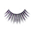 The image shows a single false eyelash. The eyelash is designed with a black base and features long, wispy strands. Some of the strands have a shiny, iridescent quality, reflecting colors such as purple and silver. The overall appearance is dramatic and eye-catching, suitable for enhancing the look of natural eyelashes for special occasions or theatrical makeup.