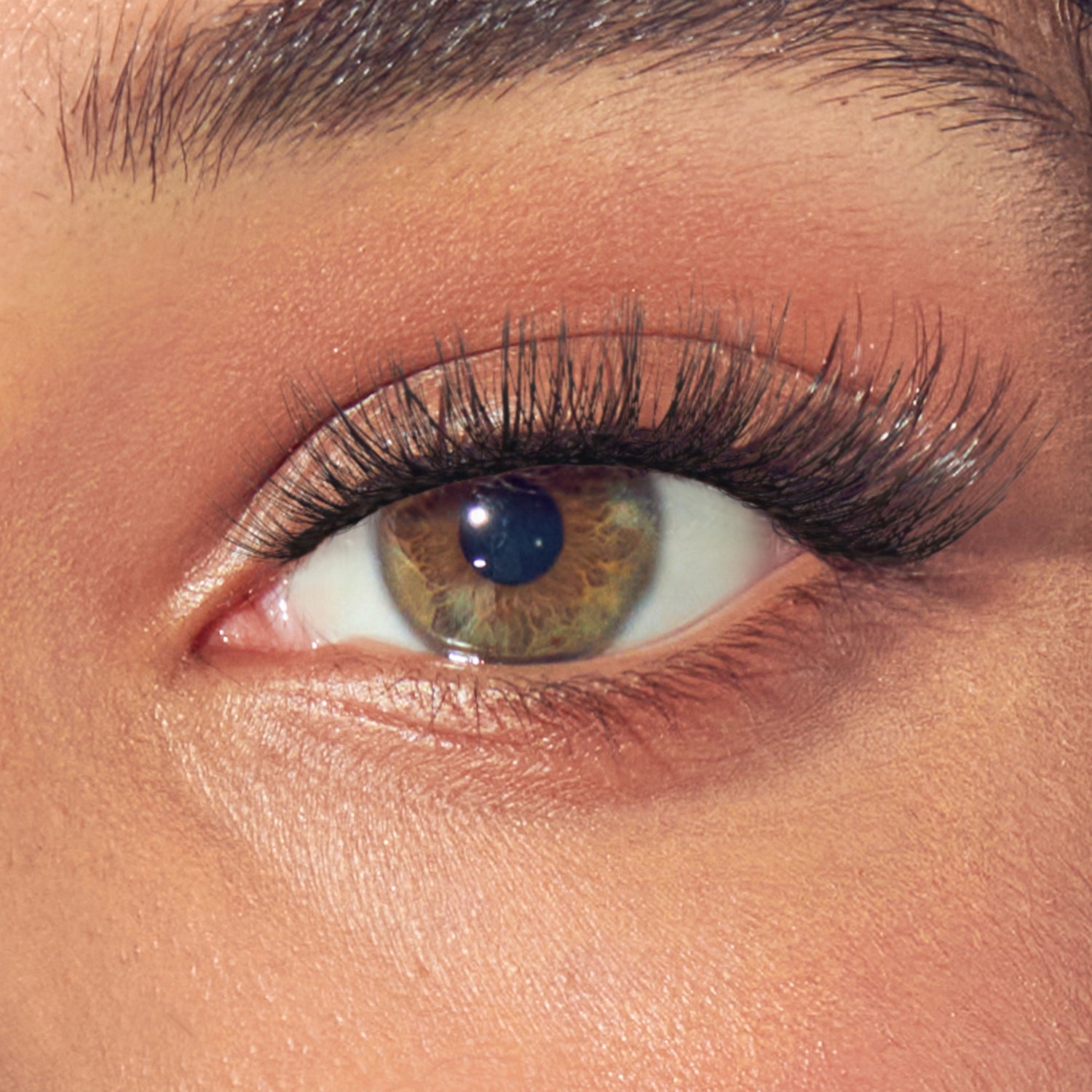 Close-up of eye with hazel iris, black eyeliner, and full black lashes on warm-toned skin.