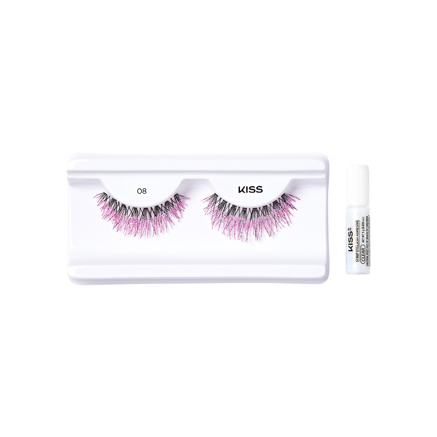The image shows a set of false eyelashes from the brand "KISS." The eyelashes are displayed on a white plastic tray, with the number "08" printed on the left side of the tray. The lashes have a dramatic, voluminous appearance with a mix of black and pink fibers. To the right of the tray, there is a small white tube of adhesive, also branded with "KISS." The overall presentation is clean and minimalistic, highlighting the colorful and bold design of the eyelashes.
