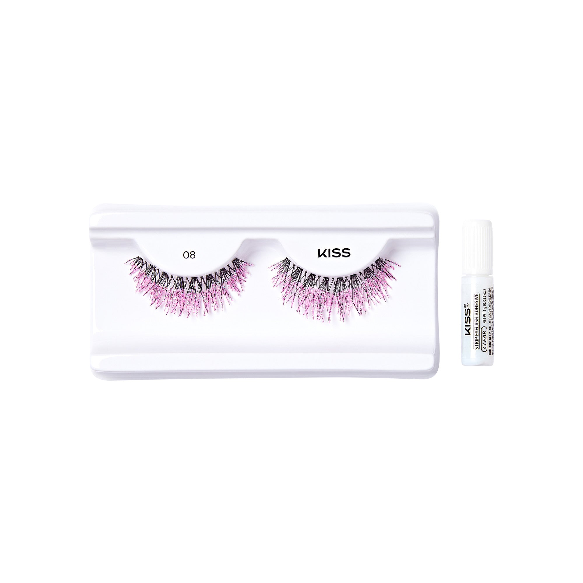 The image shows a set of false eyelashes from the brand "KISS." The eyelashes are displayed on a white plastic tray, with the number "08" printed on the left side of the tray. The lashes have a dramatic, voluminous appearance with a mix of black and pink fibers. To the right of the tray, there is a small white tube of adhesive, also branded with "KISS." The overall presentation is clean and minimalistic, highlighting the colorful and bold design of the eyelashes.