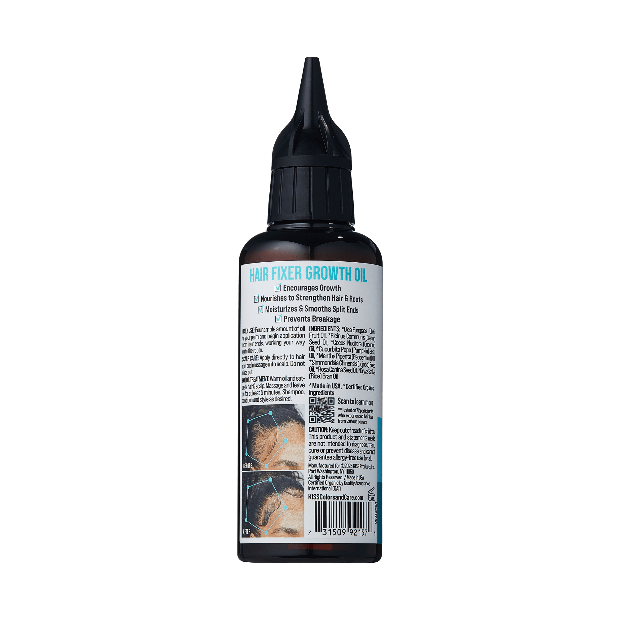 Dark brown plastic squeeze bottle with black pointed cap, showing product label for Hair Fixer Growth Oil.