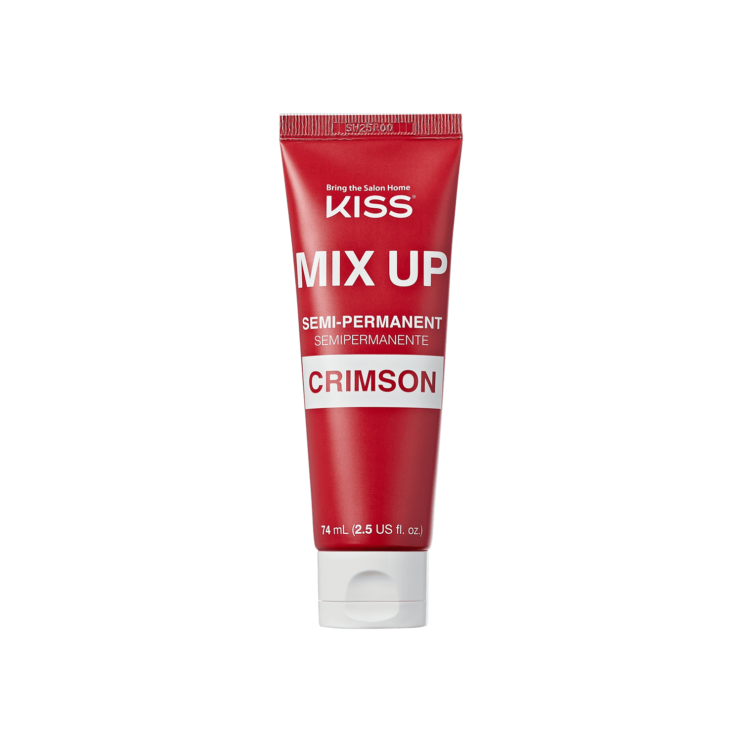The image shows a red tube of hair dye from the brand "KISS." The product is named "MIX UP" and is labeled as a semi-permanent hair color. The specific shade is "CRIMSON." The tube contains 74 ml (2.5 US fl. oz) of product. The packaging features white text on a red background, with the brand&
