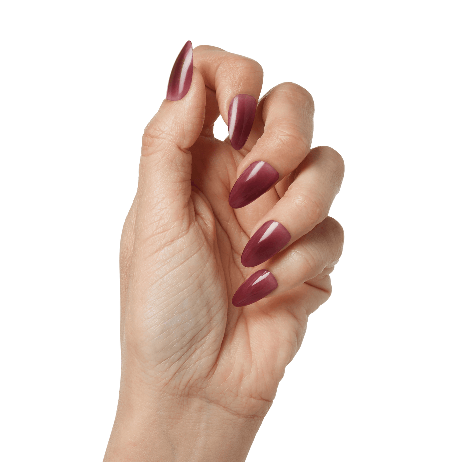 The image shows a close-up of a hand with long, almond-shaped nails. The nails are painted in a glossy, deep burgundy color. The hand is positioned with the fingers slightly curled inward, and the skin tone is light. The overall appearance is neat and well-manicured.