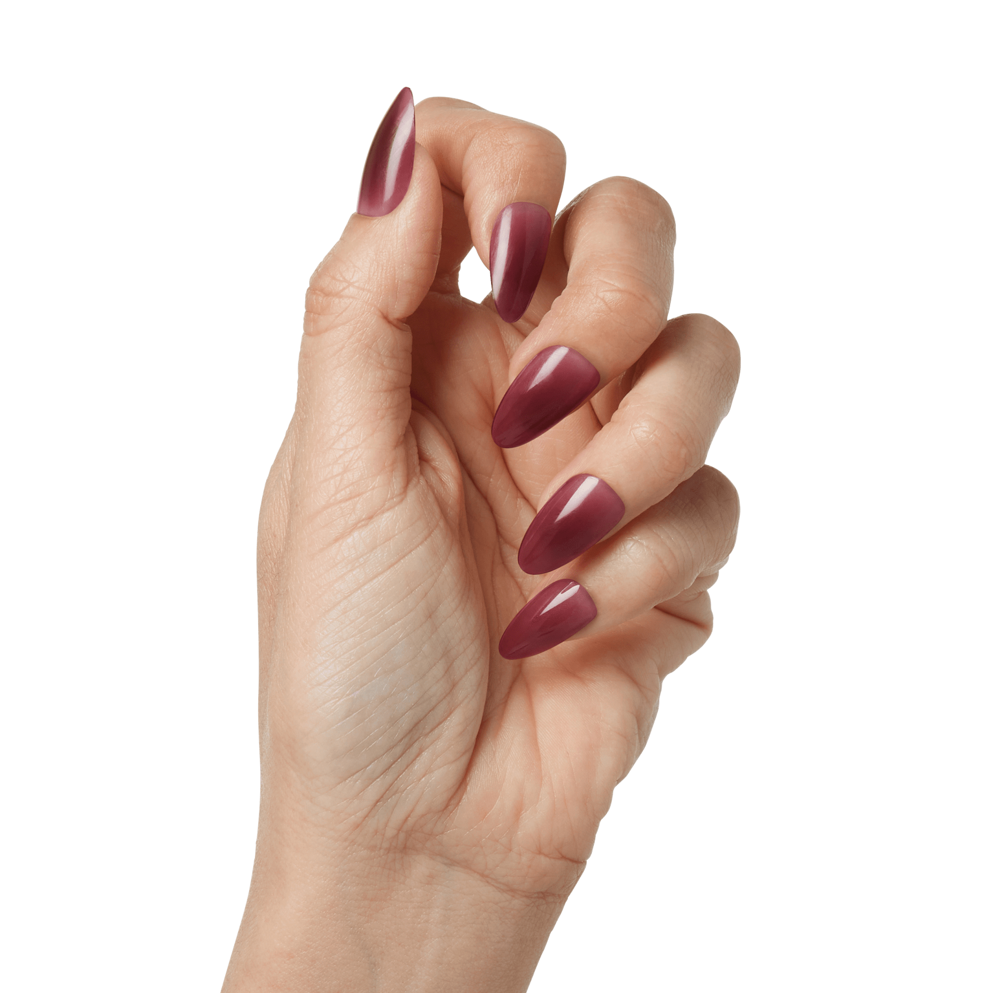 The image shows a close-up of a hand with long, almond-shaped nails. The nails are painted in a glossy, deep burgundy color. The hand is positioned with the fingers slightly curled inward, and the skin tone is light. The overall appearance is neat and well-manicured.