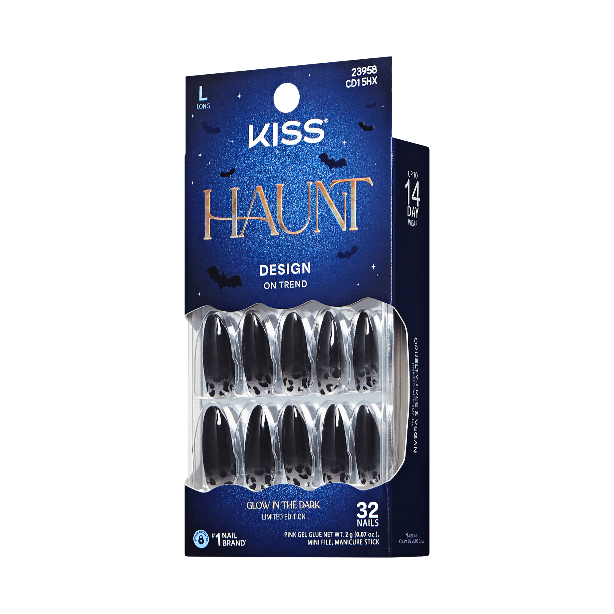 Kiss Haunt Halloween Press On Fake Glue Nails - Polish Potion | Design, Black, Long, Almond, Glow In The Dark