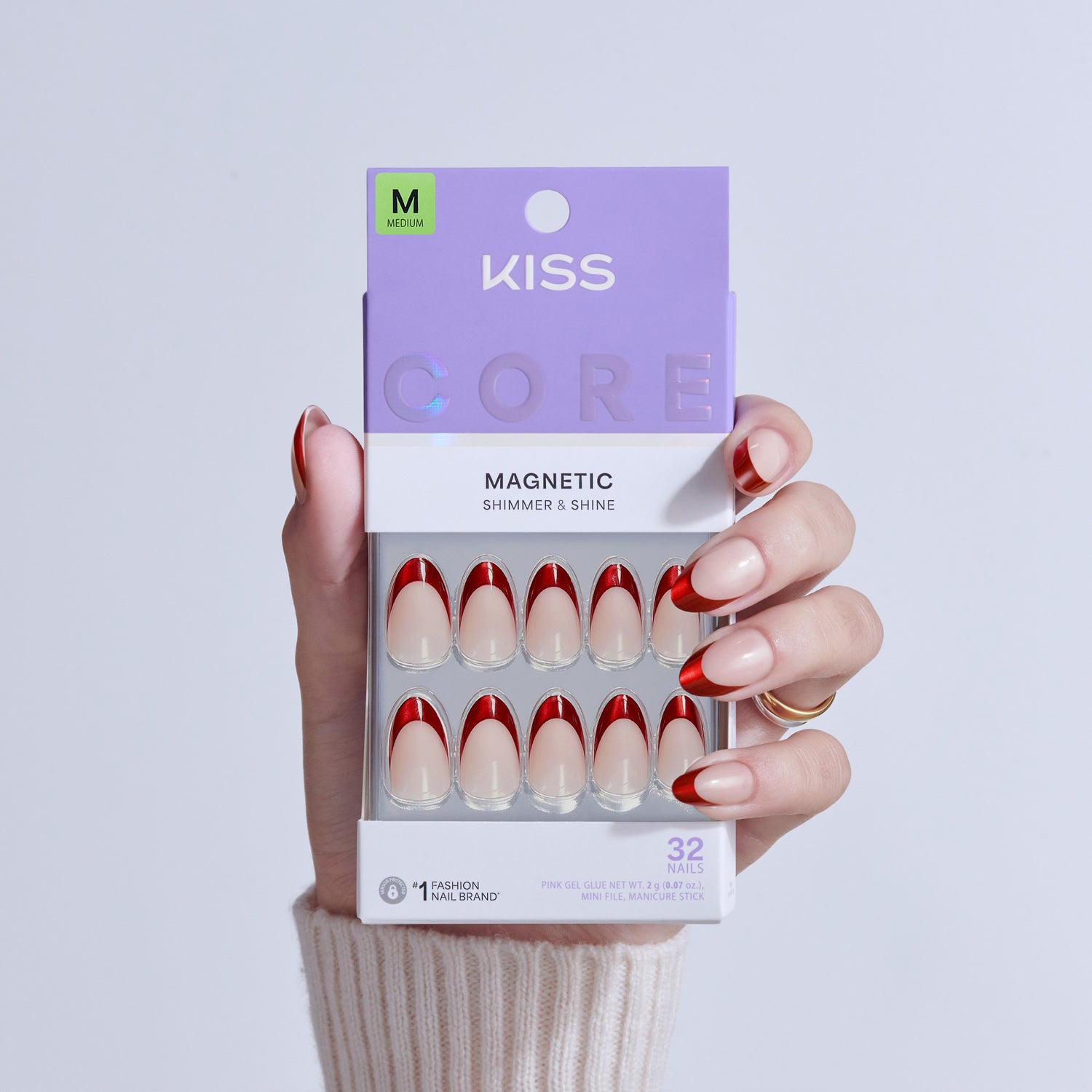 KISS Core Magnetic press-on nails in red and nude, size M, 32 nails pack