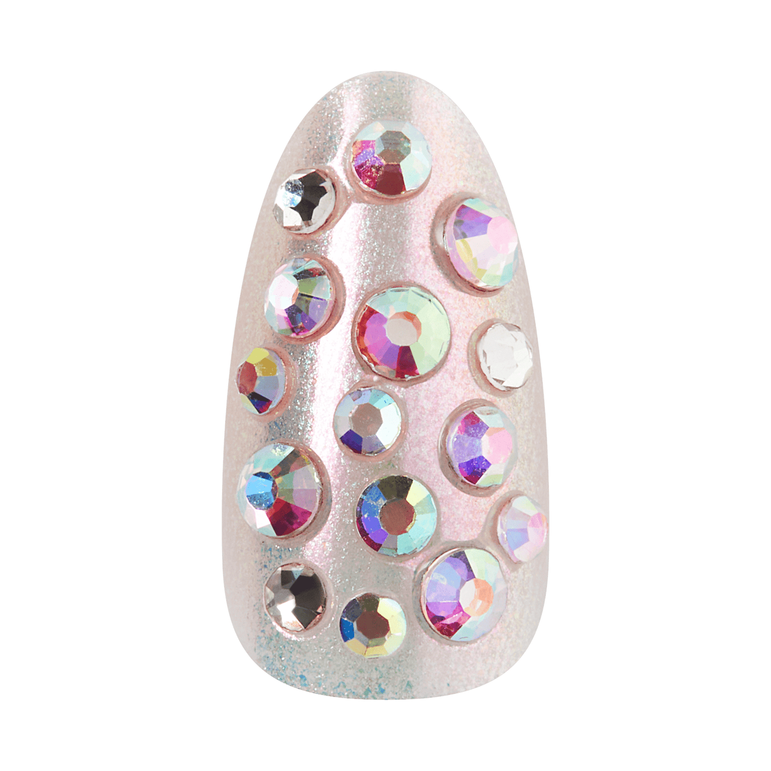 Pink glittery nail with multicolor iridescent rhinestone embellishments arranged in rows.