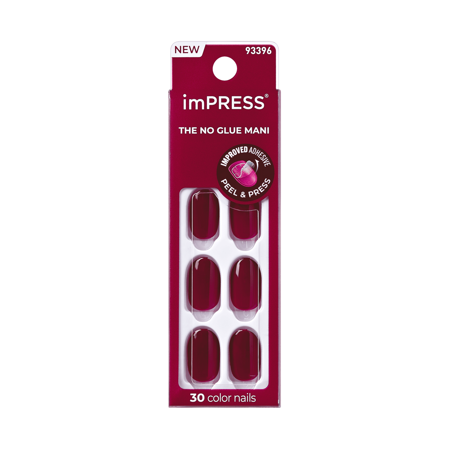 imPRESS No Glue Mani press-on nails in deep burgundy, 30 count pack 93396
