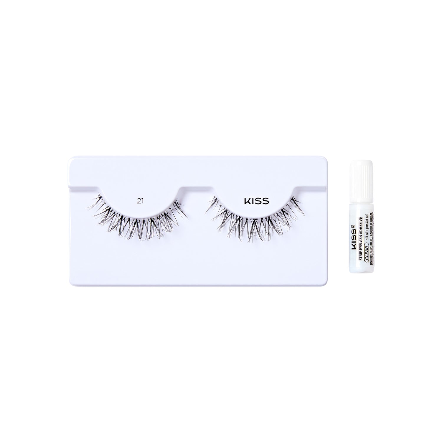 The image shows a set of false eyelashes and a small tube of adhesive. The false eyelashes are displayed on a white plastic holder, with each lash set positioned in a curved shape to mimic the natural lash line. The holder has the number "21" and the brand name "KISS" printed on it. To the right of the eyelashes, there is a small white tube labeled "KISS Strip Eyelash Adhesive" which is used to apply the lashes. The overall presentation is clean and minimalistic, highlighting the product.
