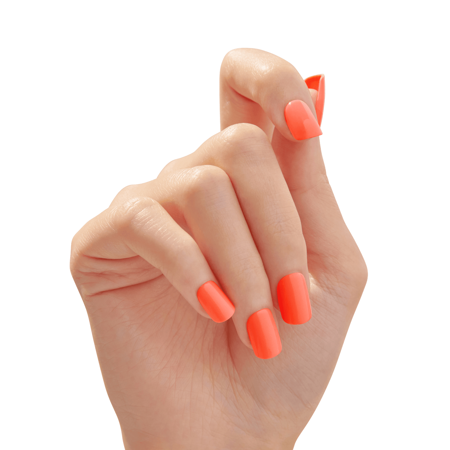 The image shows a close-up of a hand with neatly manicured nails. The nails are painted in a bright, vibrant orange color. The hand is positioned with the fingers slightly bent, and the background is a soft, neutral tone, which helps to highlight the vivid color of the nail polish. The overall appearance is clean and well-groomed.