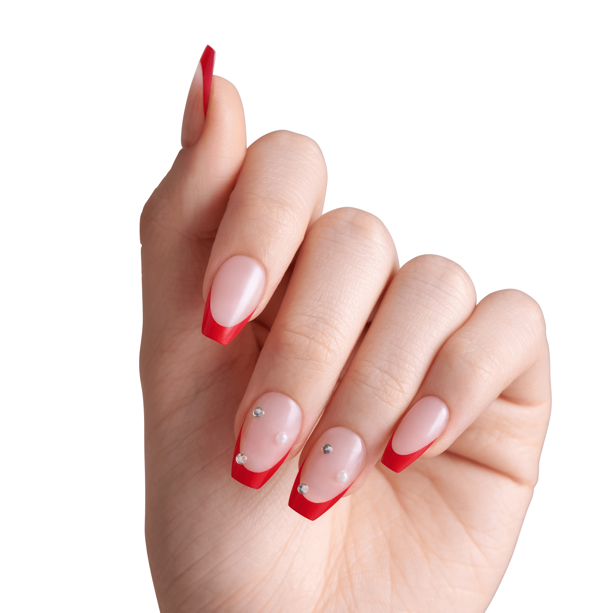 Red and pink ombre coffin nails with rhinestone accents on manicured hand
