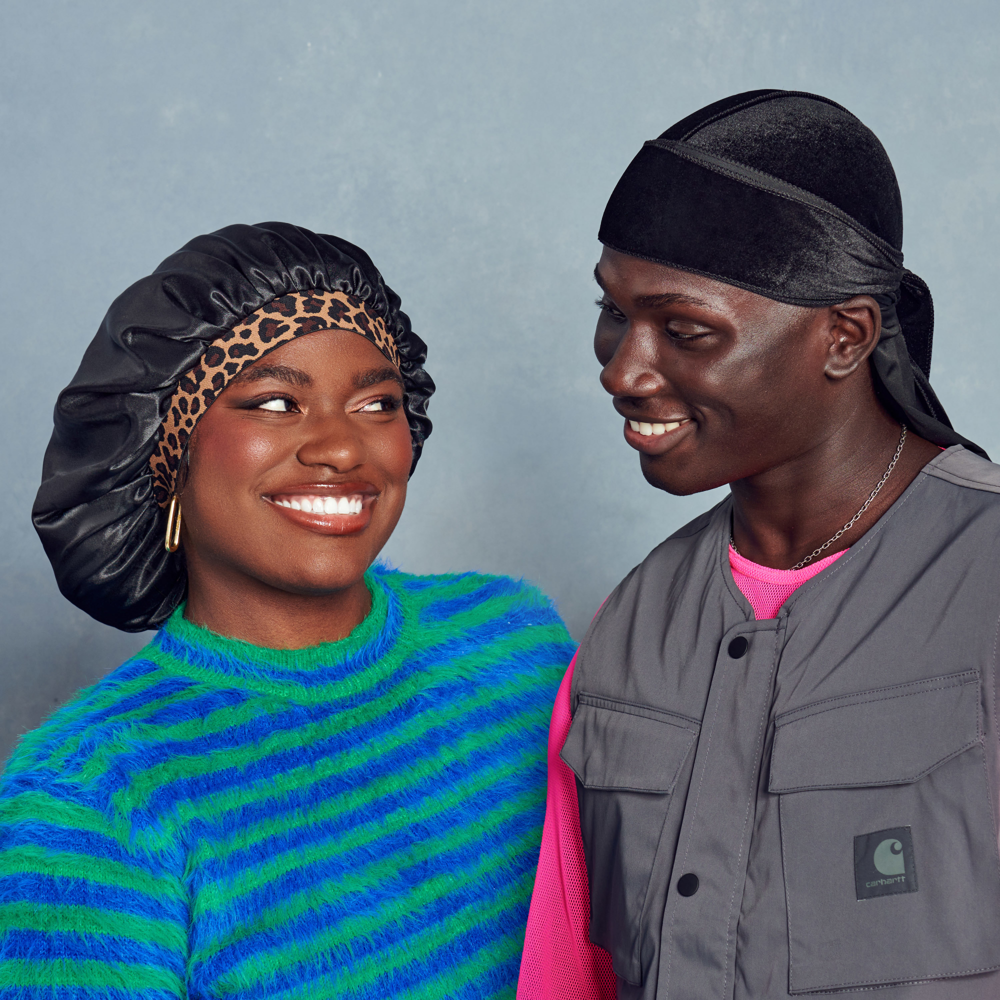 Kiss Colors &amp; Care Silky Charmeuse Satin Stylish Day &amp; Night Cap - Black &amp; Leopard
