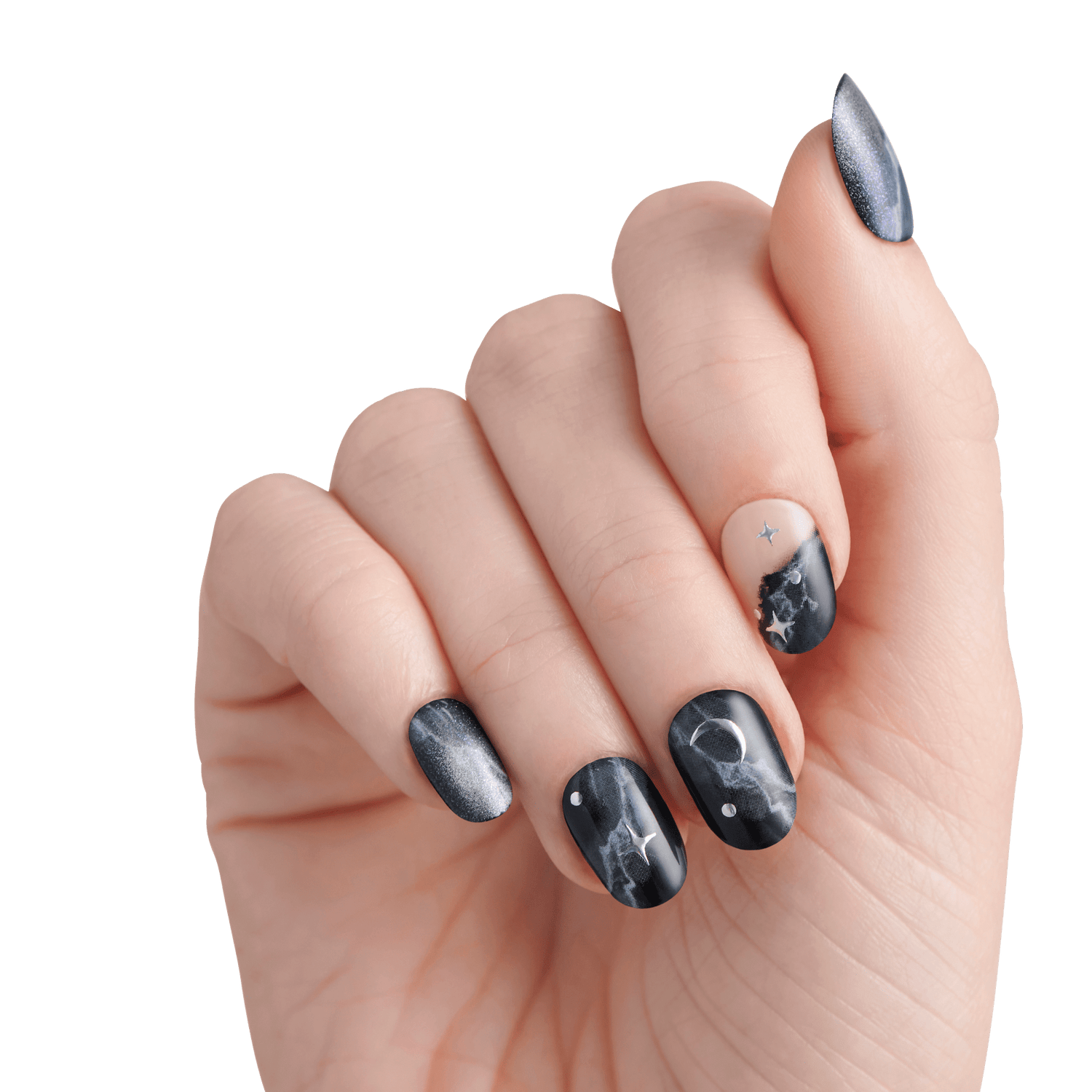 The image features a hand with elegantly manicured nails showcasing a cosmic-themed nail art design. The nails are primarily painted in a deep black color, resembling a night sky, with various artistic elements. Some nails have a glossy finish, while others display a matte texture. There are accents of silver and white, including stars and a crescent moon, adding to the celestial theme. The overall look is stylish and modern, perfect for someone who enjoys unique and artistic nail designs.