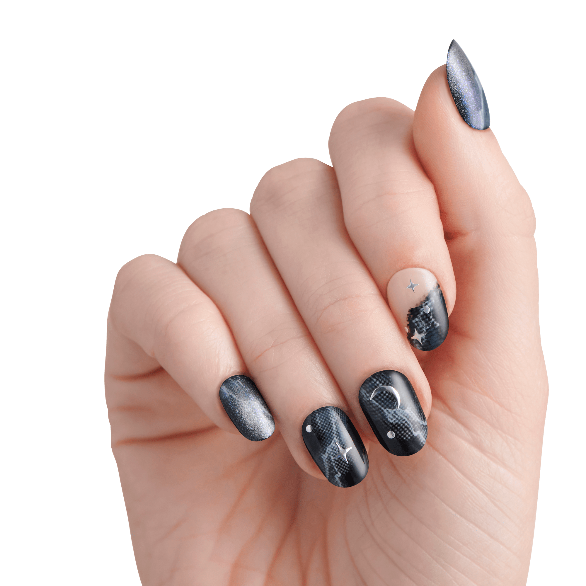 The image features a hand with elegantly manicured nails showcasing a cosmic-themed nail art design. The nails are primarily painted in a deep black color, resembling a night sky, with various artistic elements. Some nails have a glossy finish, while others display a matte texture. There are accents of silver and white, including stars and a crescent moon, adding to the celestial theme. The overall look is stylish and modern, perfect for someone who enjoys unique and artistic nail designs.