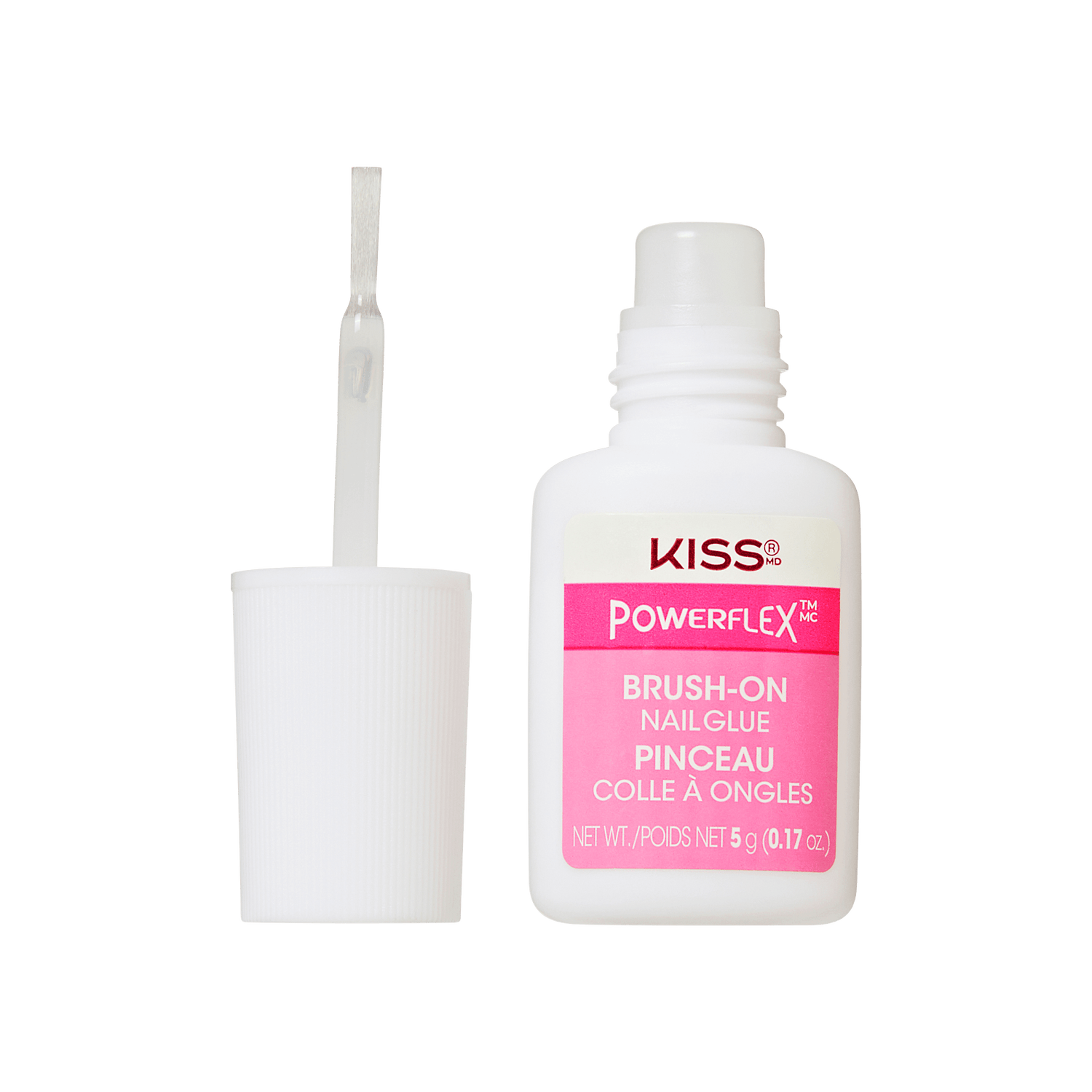 White bottle of KISS PowerFlex brush-on nail glue with pink label, showing open cap with attached brush applicator.